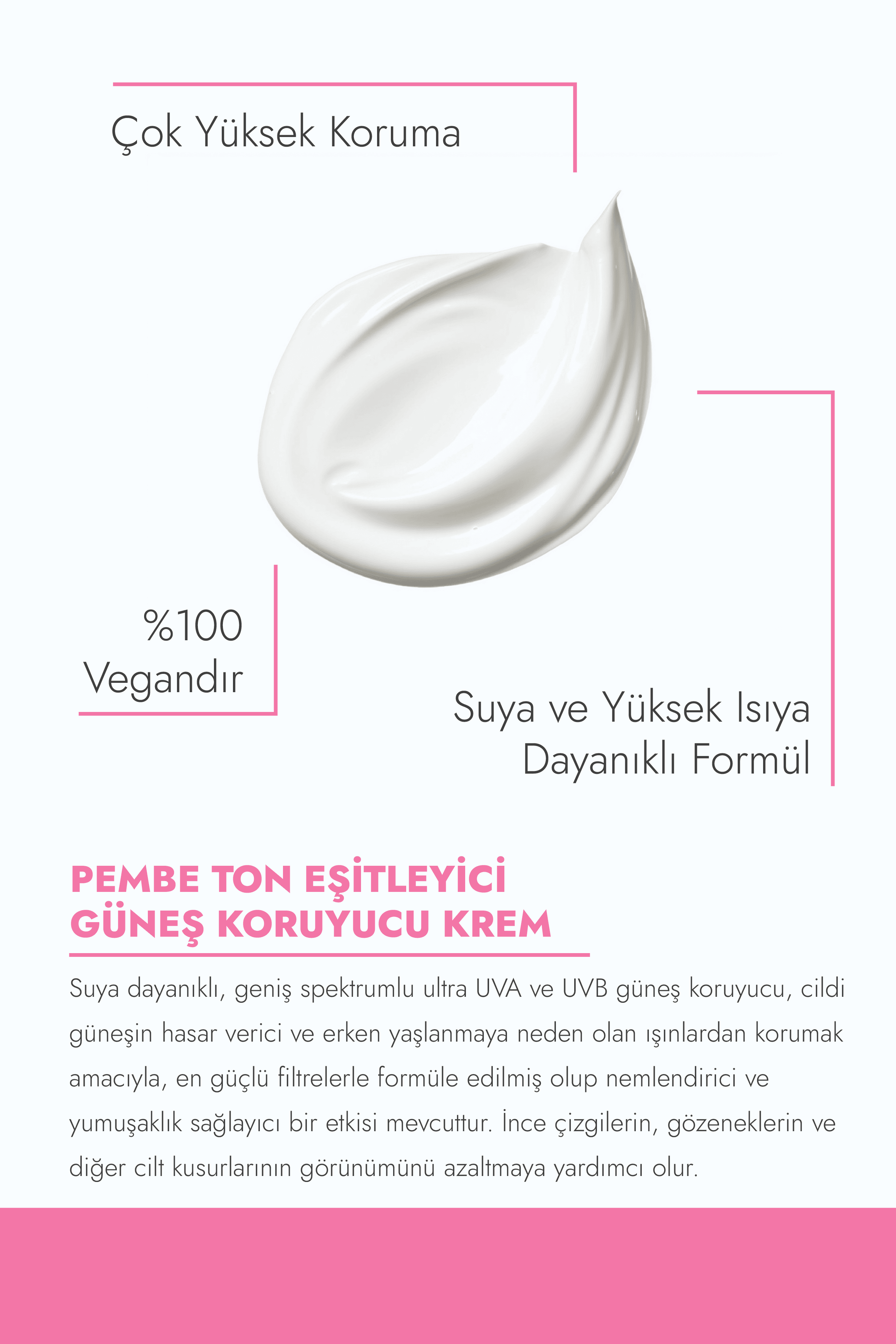 SPF 50+ Pembe Ton Eşitleyici Güneş Kremi, 50ml - Aydınlatıcı, Tüm Cilt Tipleri İçin