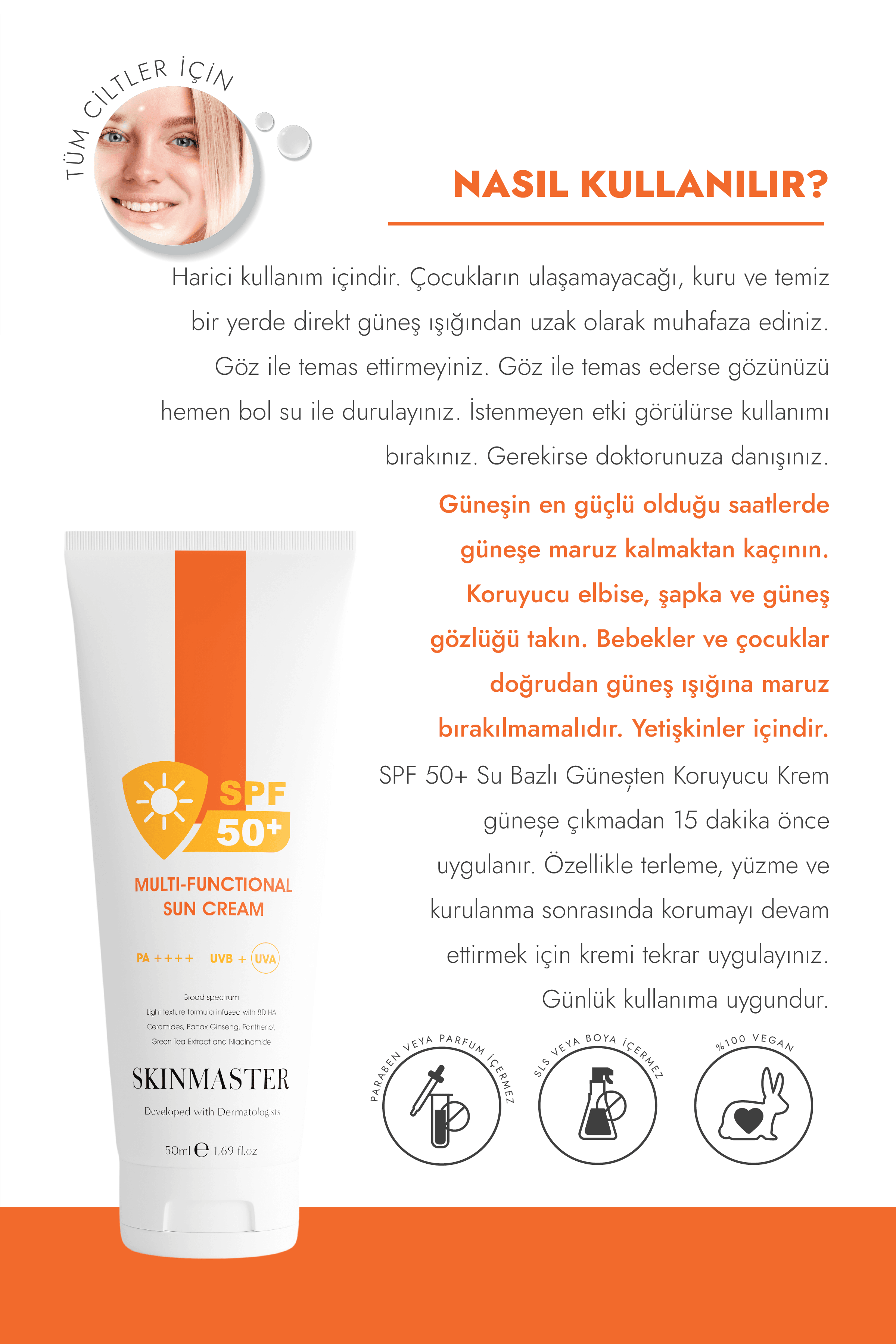 SPF 50+ Çok Fonksiyonlu Güneş Kremi, 50ml - Nemlendirici ve Bariyer Onarıcı, Yeni Nesil Filtre