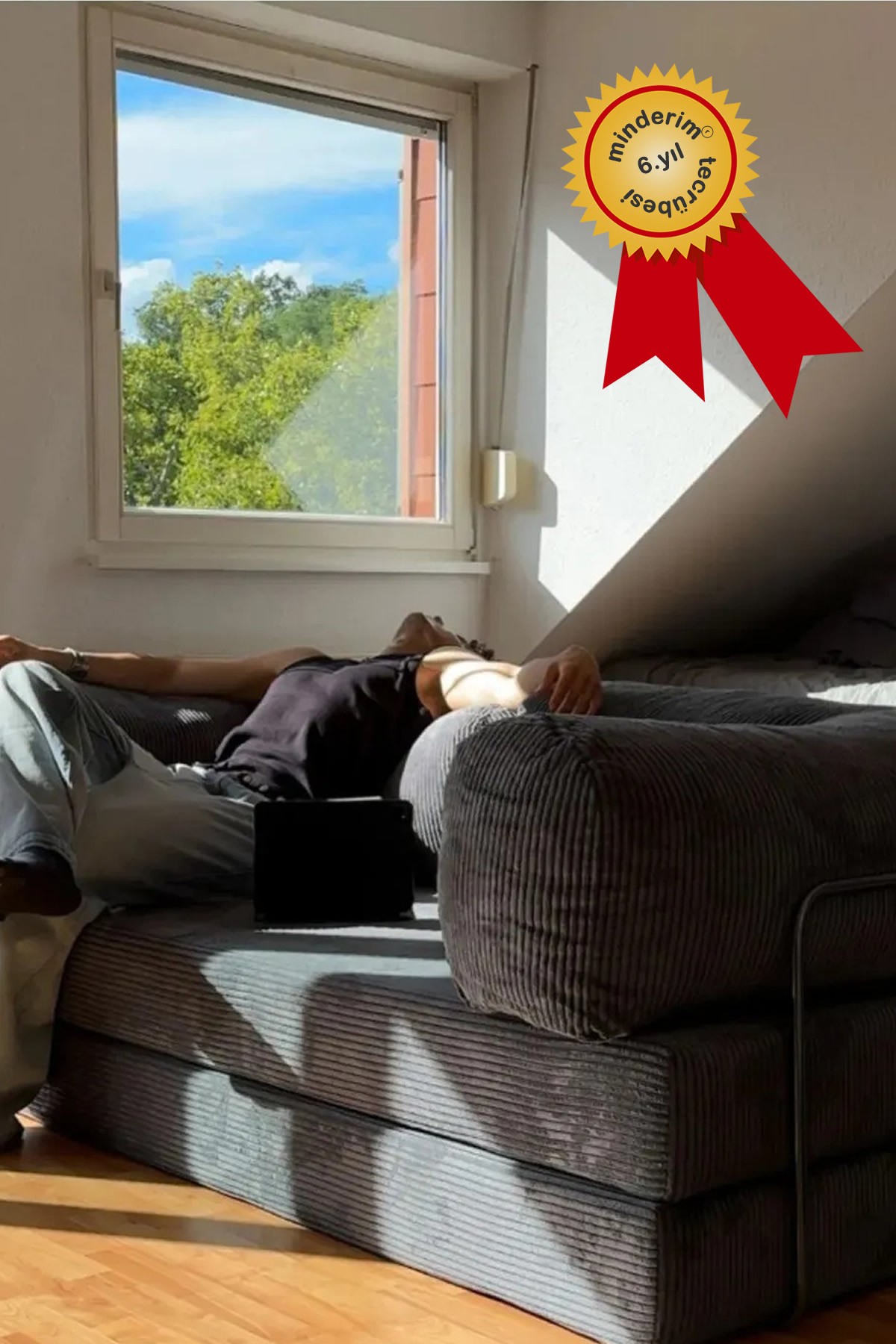 Eko Kanepe, Fitilli Kadife, Silinir, Yıkanır, Rebonded 50DNS, 36H cm Yükseklik, Çökmez! Dayanıklı, 90x180cm - Minderim Eko Kanepe - Antrasit