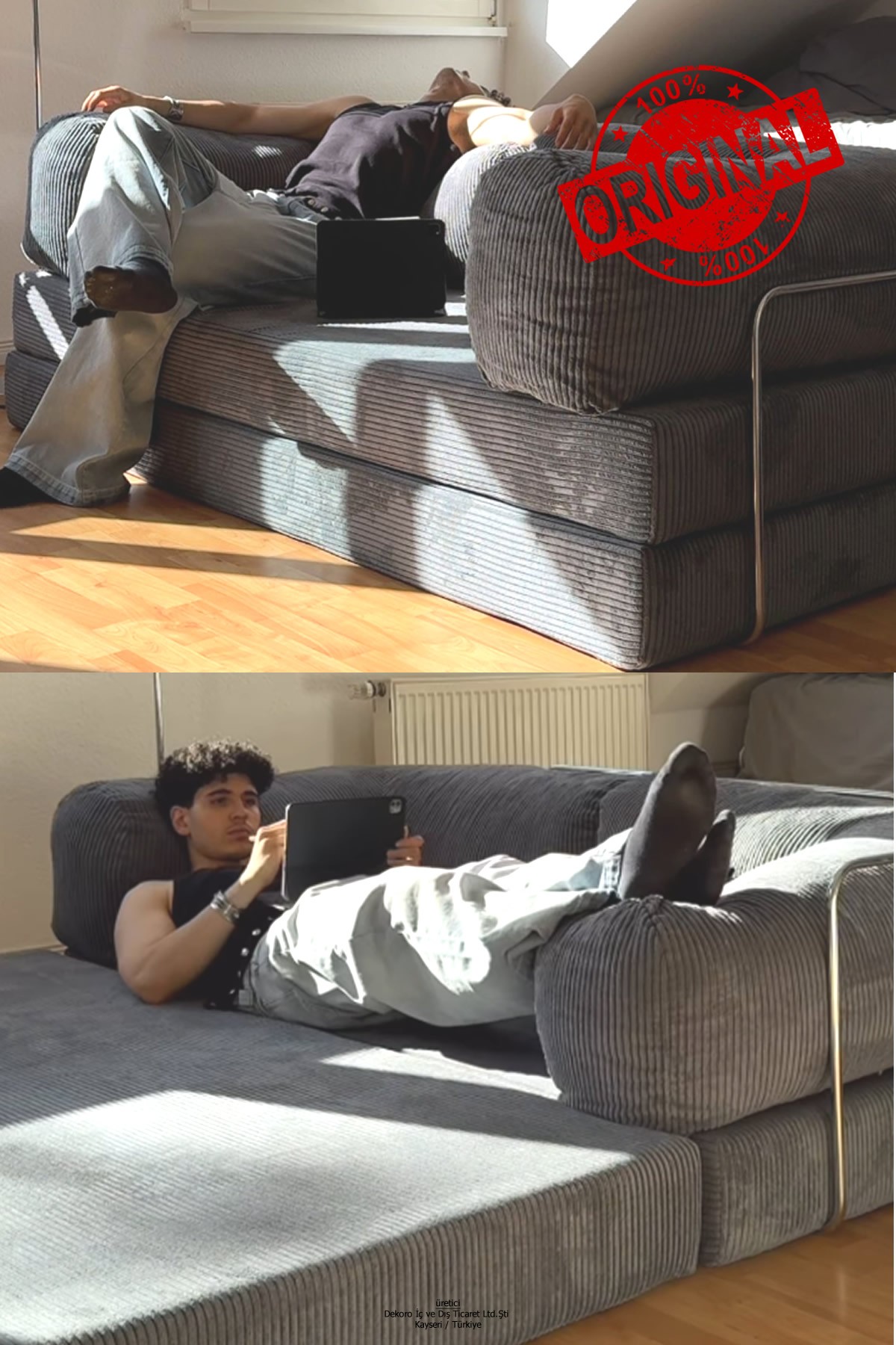 YENY SOFA FİTİLLİ KADİFE, MODERN, PRATİK, YER YATAĞI, DAYANIKLI, BONDEX SÜNGER, 100x200cm, ÖZEL ÖLÇÜ İMKANI - Duman