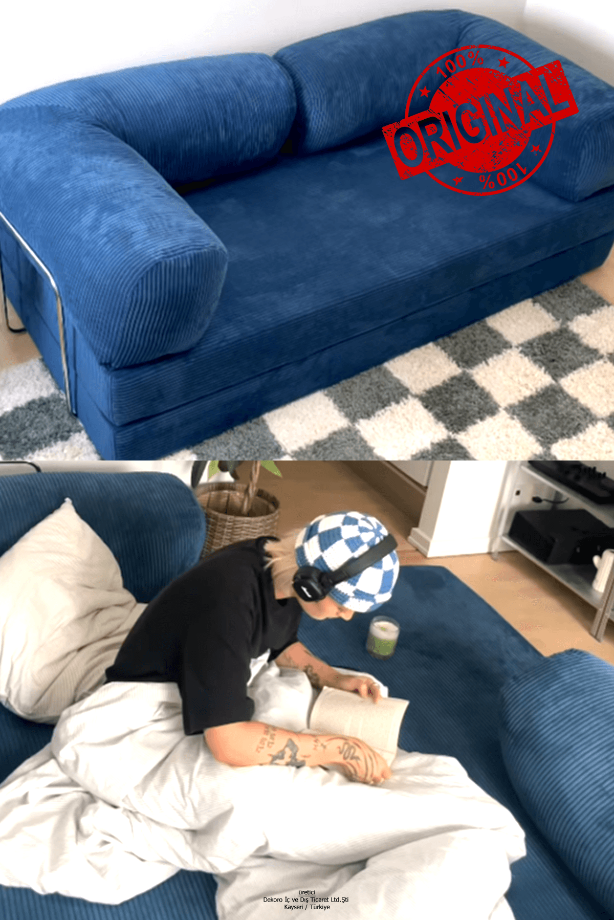 YENY SOFA FİTİLLİ KADİFE, MODERN, PRATİK, YER YATAĞI, DAYANIKLI, BONDEX SÜNGER, 100x200cm, ÖZEL ÖLÇÜ İMKANI - Mavi