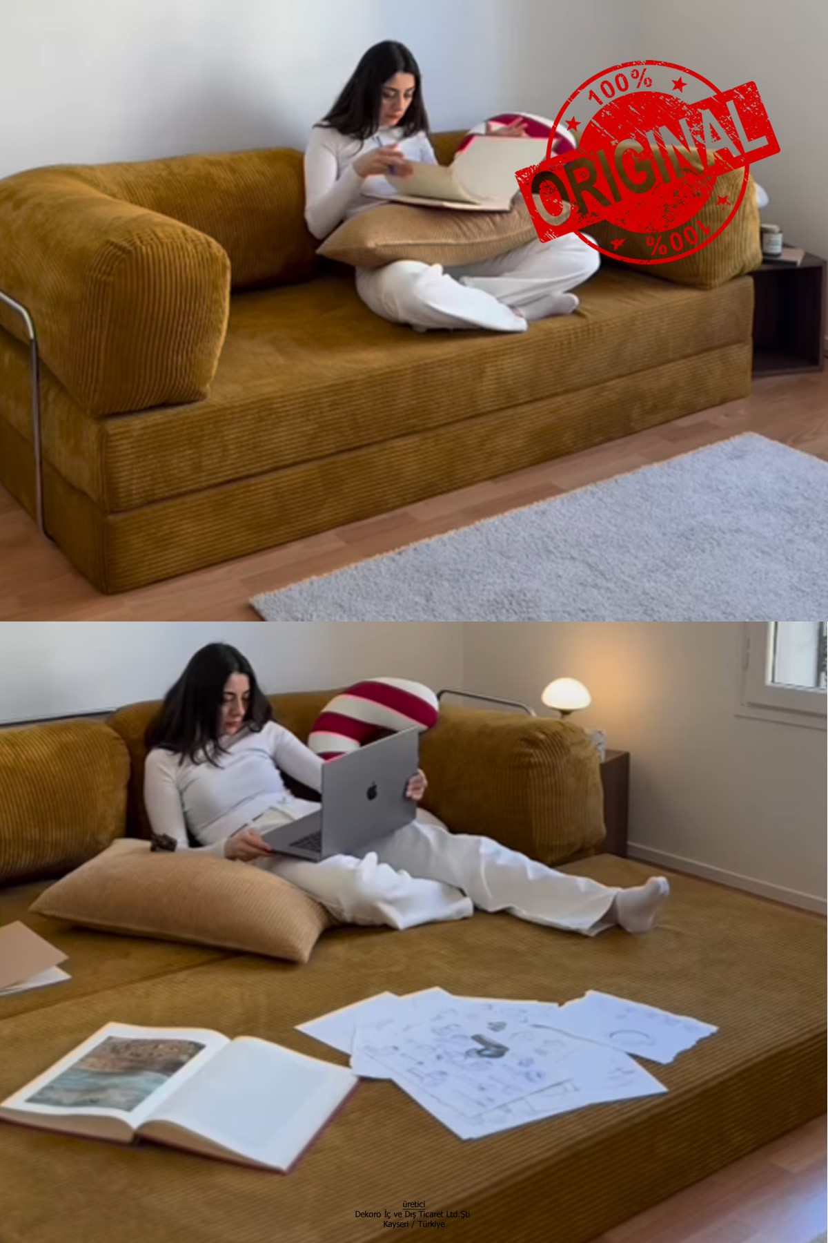 YENY SOFA FİTİLLİ KADİFE, MODERN, PRATİK, YER YATAĞI, DAYANIKLI, BONDEX SÜNGER, 100x200cm, ÖZEL ÖLÇÜ İMKANI - Hardal