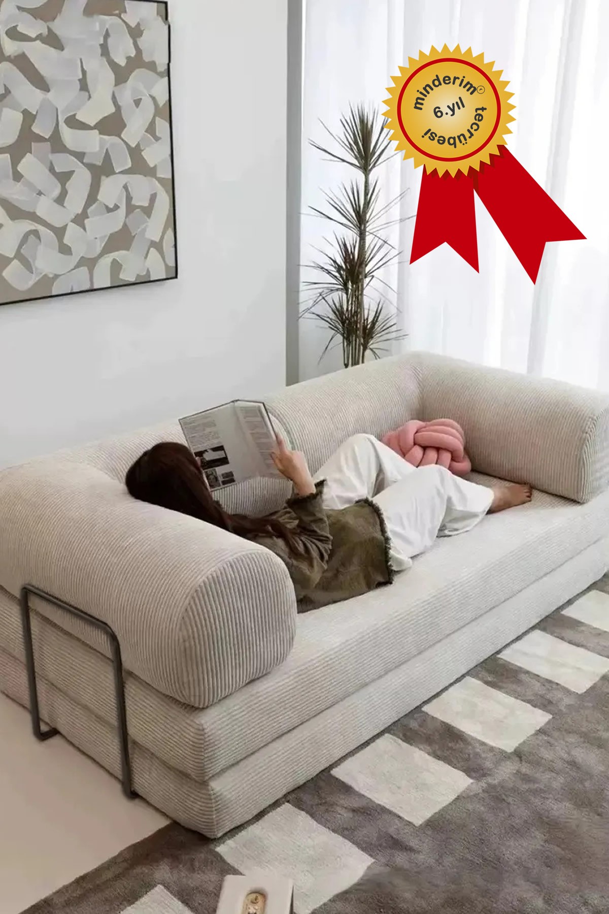 Eko Kanepe, Fitilli Kadife, Silinir, Yıkanır, Rebonded 50DNS, 36H cm Yükseklik, Çökmez! Dayanıklı, 90x180cm - Minderim Eko Kanepe - Krem