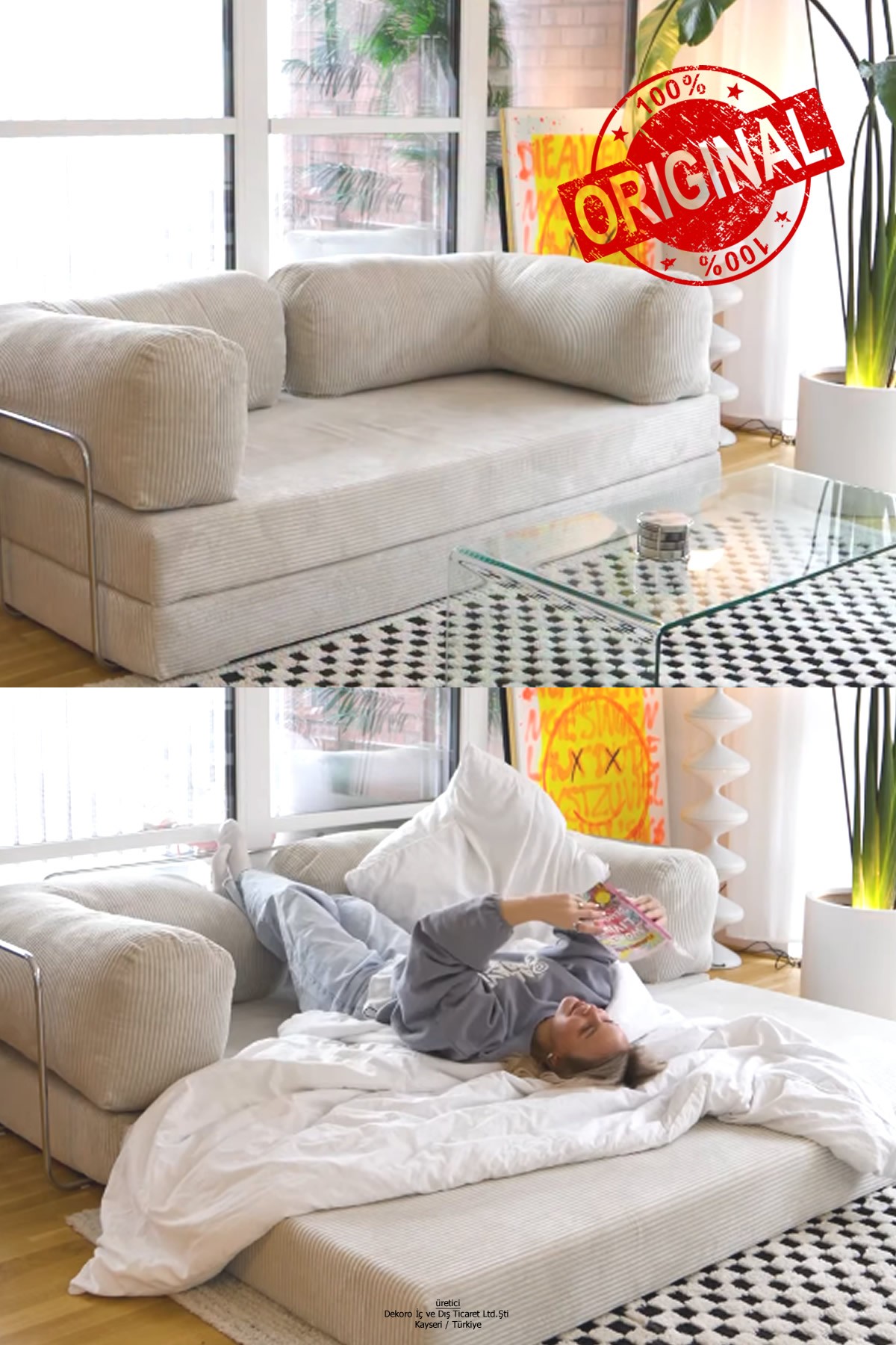 YENY SOFA FİTİLLİ KADİFE, MODERN, PRATİK, YER YATAĞI, DAYANIKLI, BONDEX SÜNGER, 100x200cm, ÖZEL ÖLÇÜ İMKANI - Krem