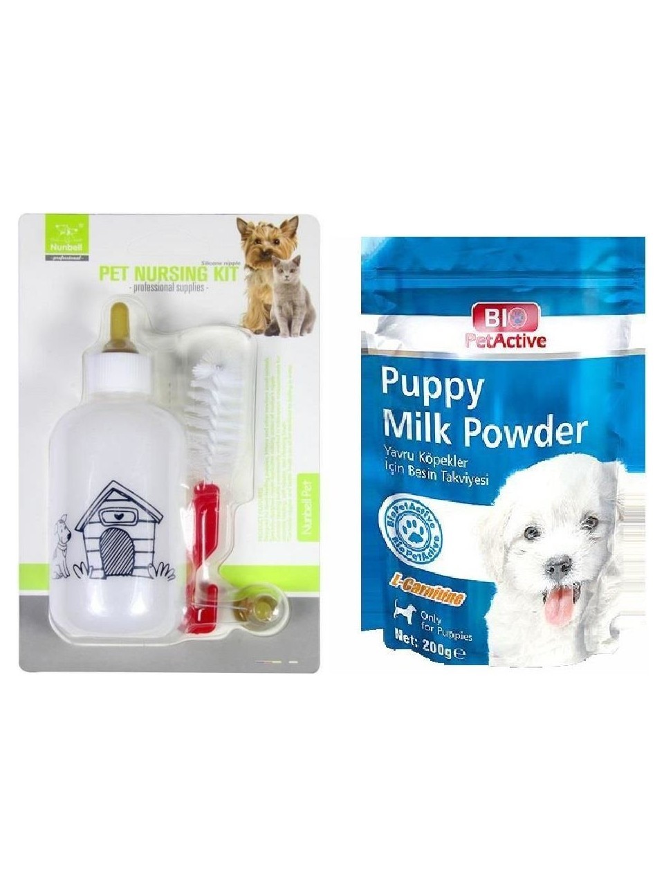Bio Pet Active Puppy Milk Powder Yavru Köpek Süt Tozu 200 gr ve Nunbell Kedi Köpek Biberonu 100 ml