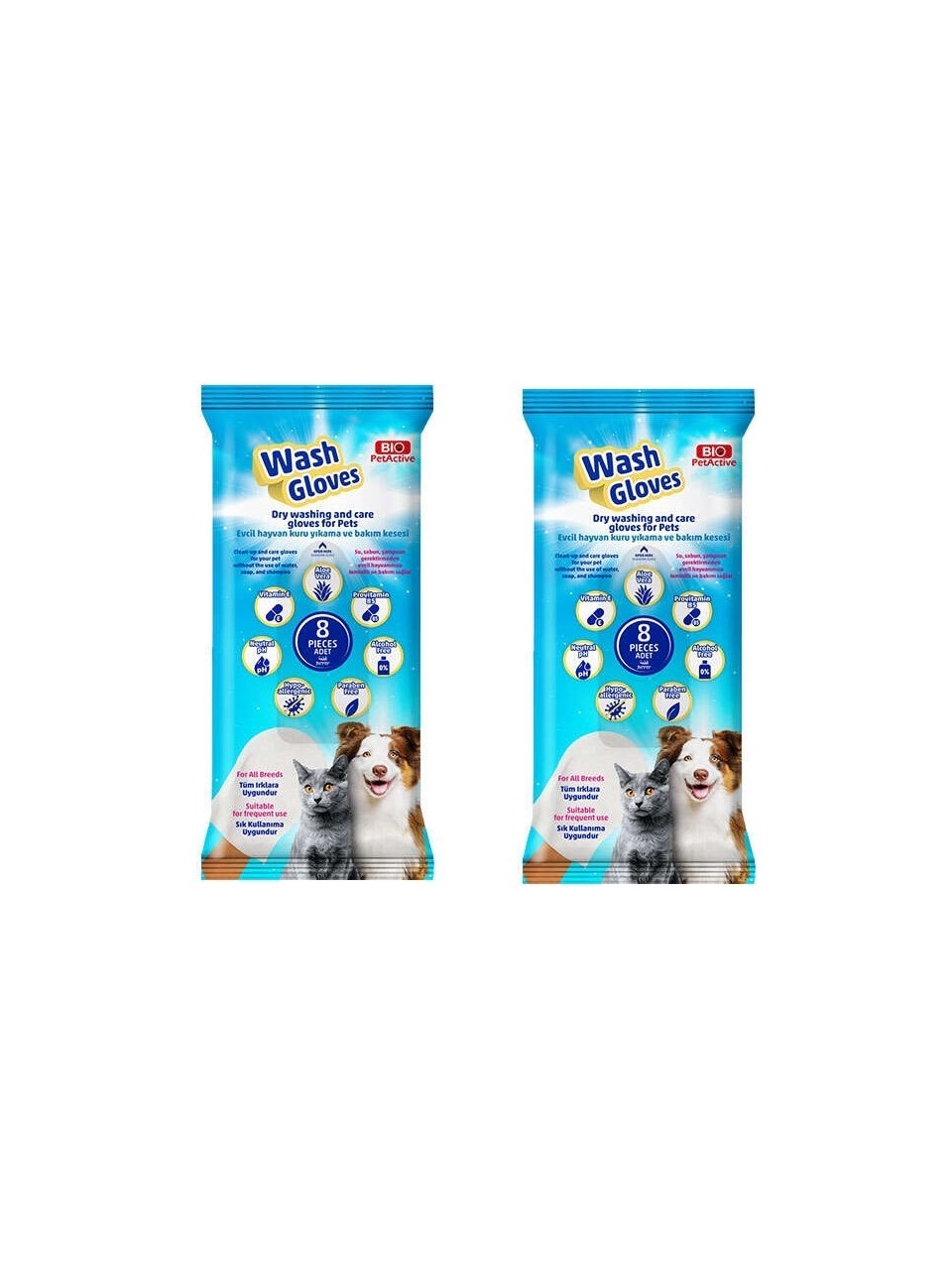 Bio Pet Active Wash Gloves Kuru Yıkama ve Bakım Kesesi 8 Li x 2 Paket