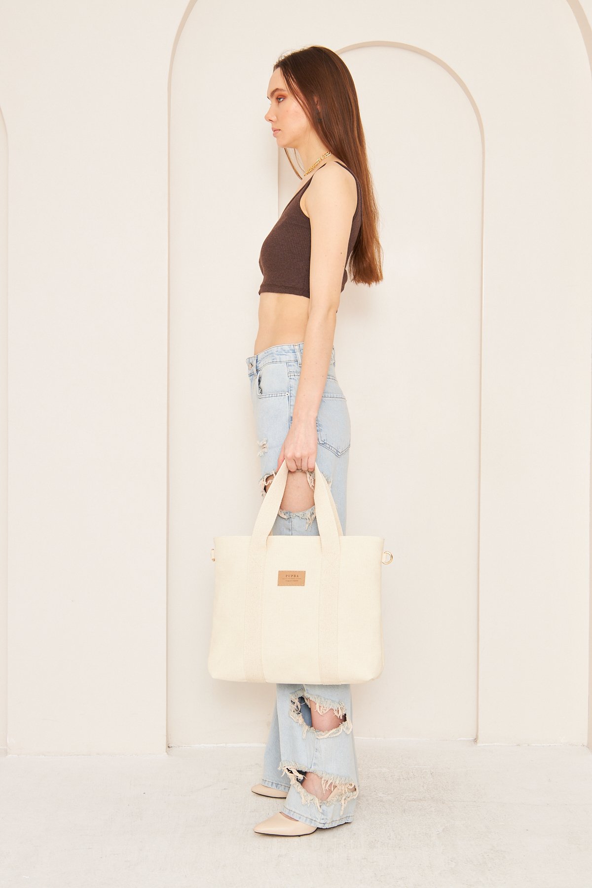 Yaga Large Tote Bag - Krem