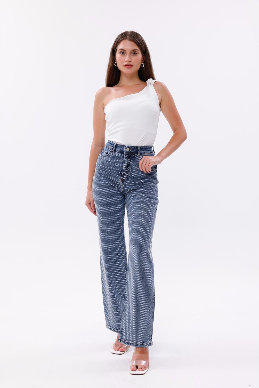 Yüksek Bel Taş Detaylı Denim Pantolon
