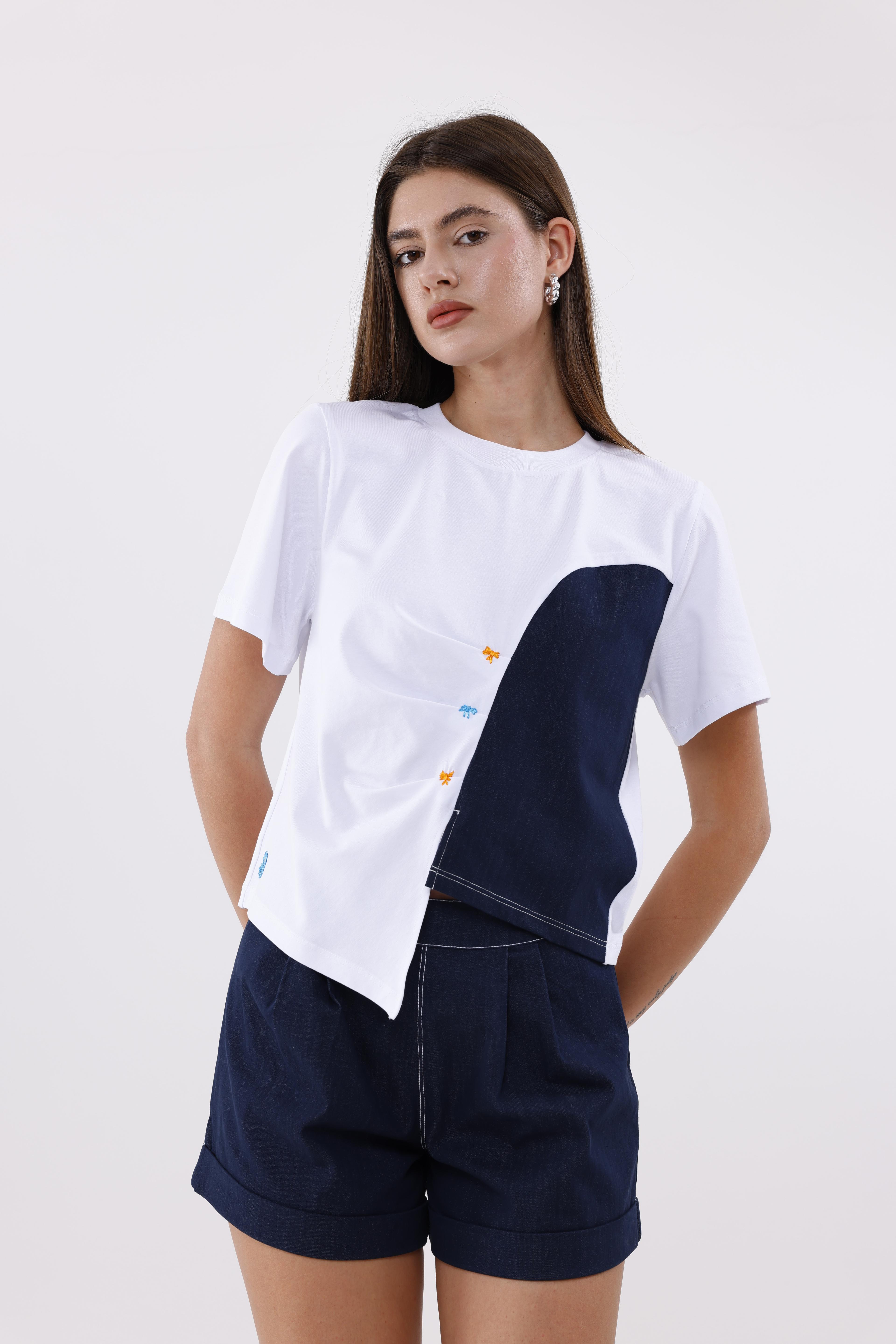 Nakış Detaylı Denim Panelli T-shirt