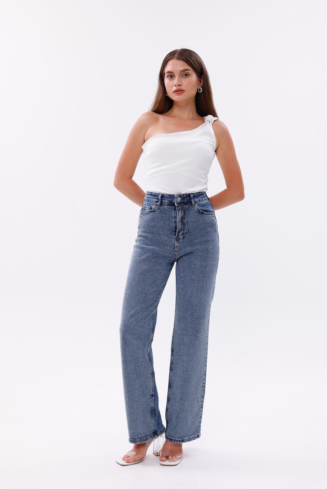 Yüksek Bel Taş Detaylı Denim Pantolon