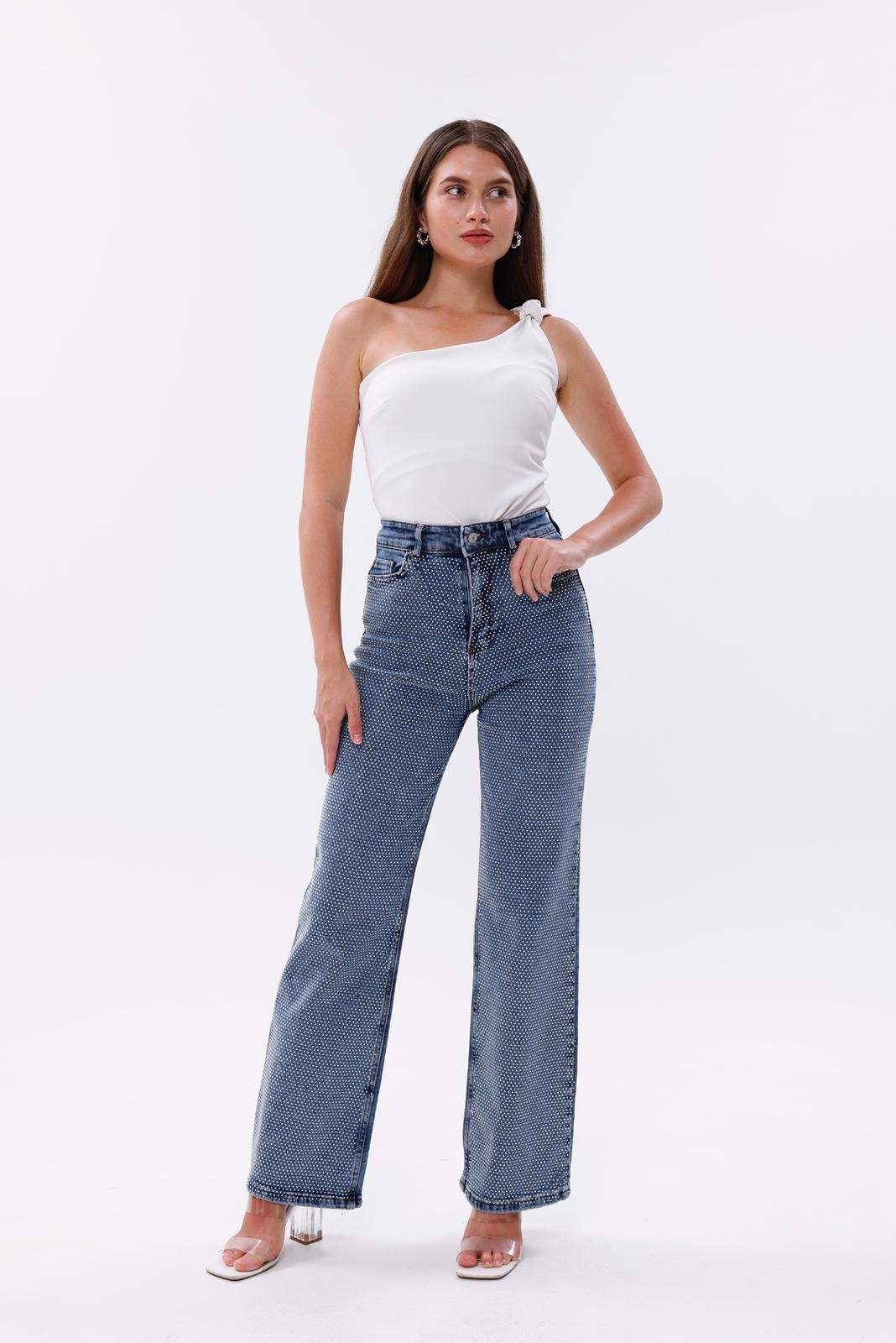 Yüksek Bel Taş Detaylı Denim Pantolon
