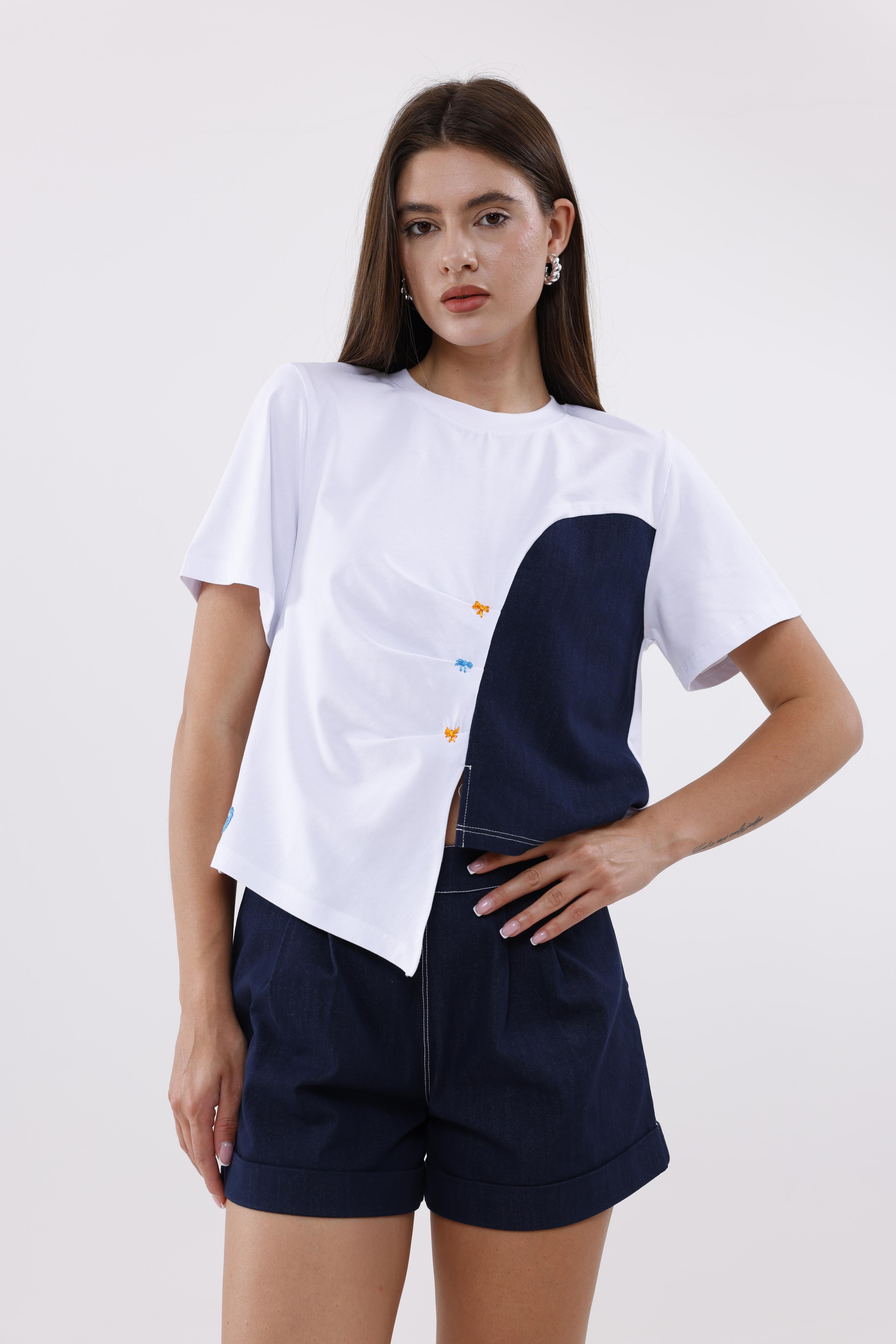Nakış Detaylı Denim Panelli T-shirt