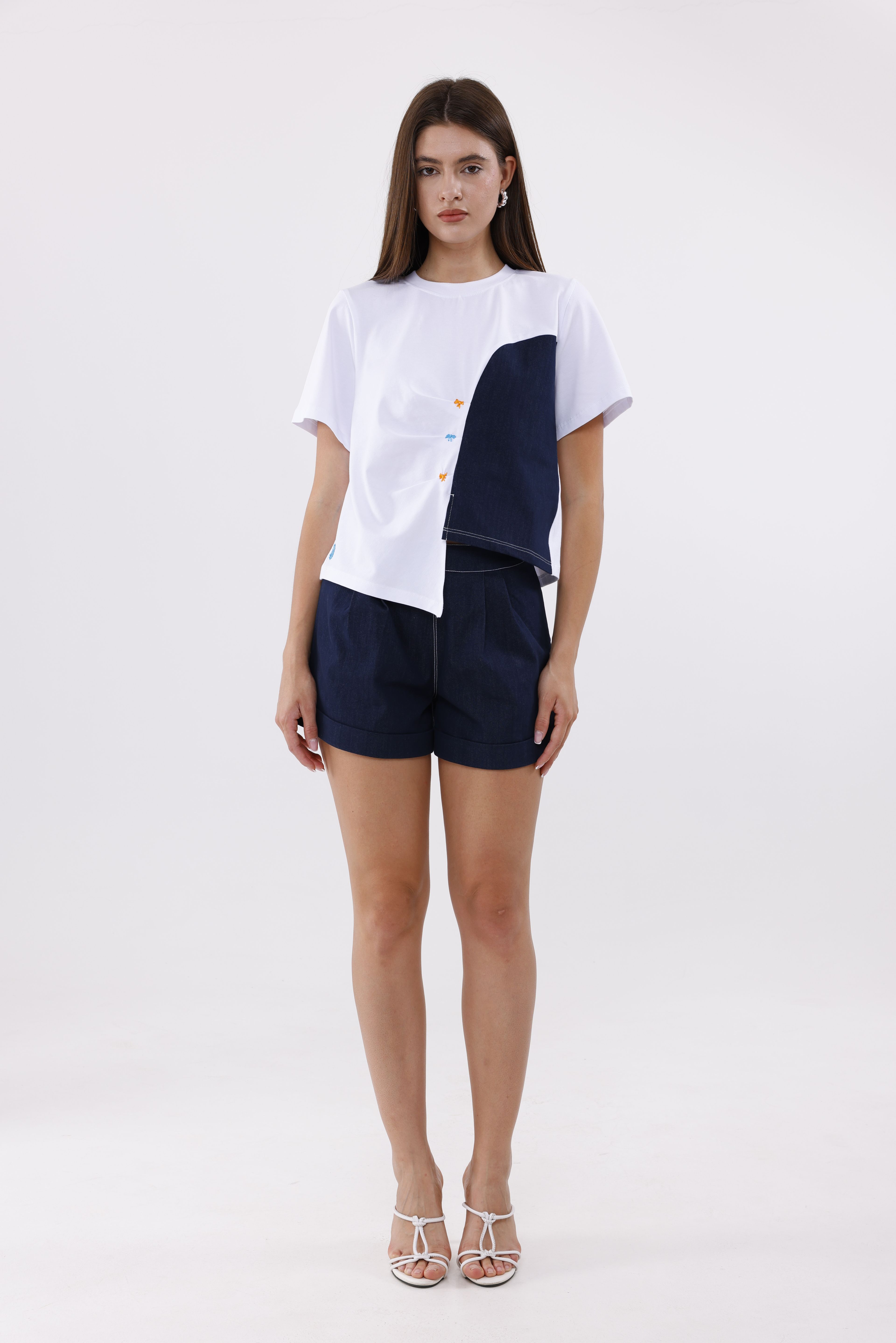 Nakış Detaylı Denim Panelli T-shirt