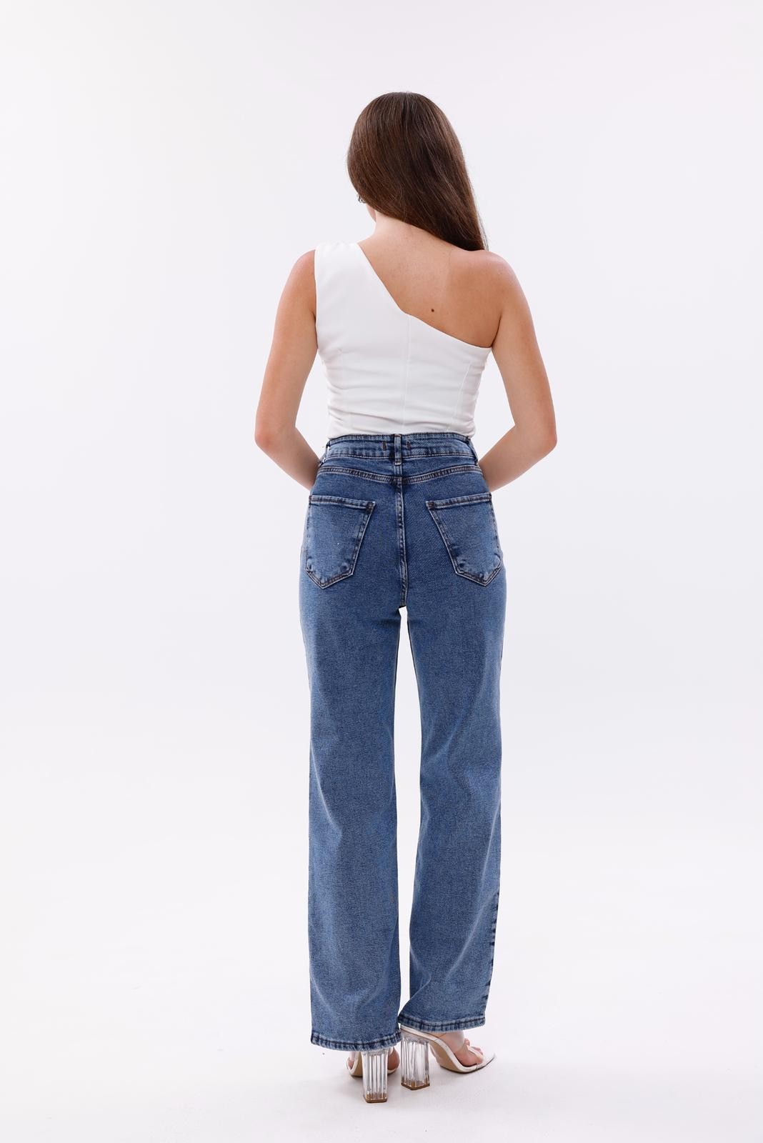 Yüksek Bel Taş Detaylı Denim Pantolon