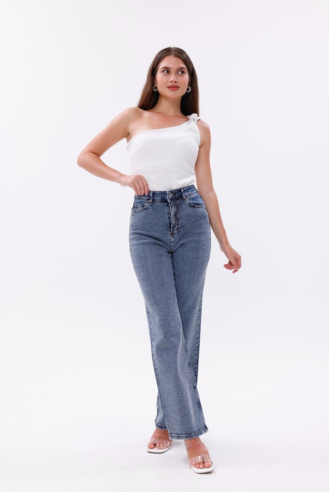 Yüksek Bel Taş Detaylı Denim Pantolon