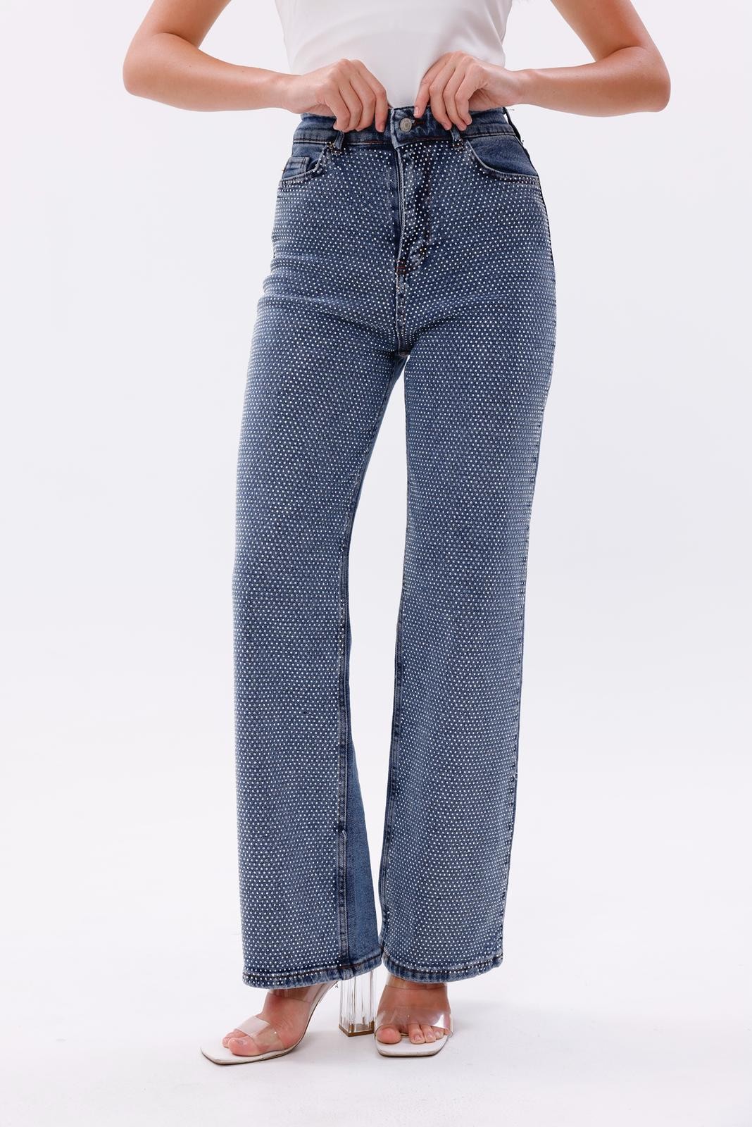Yüksek Bel Taş Detaylı Denim Pantolon
