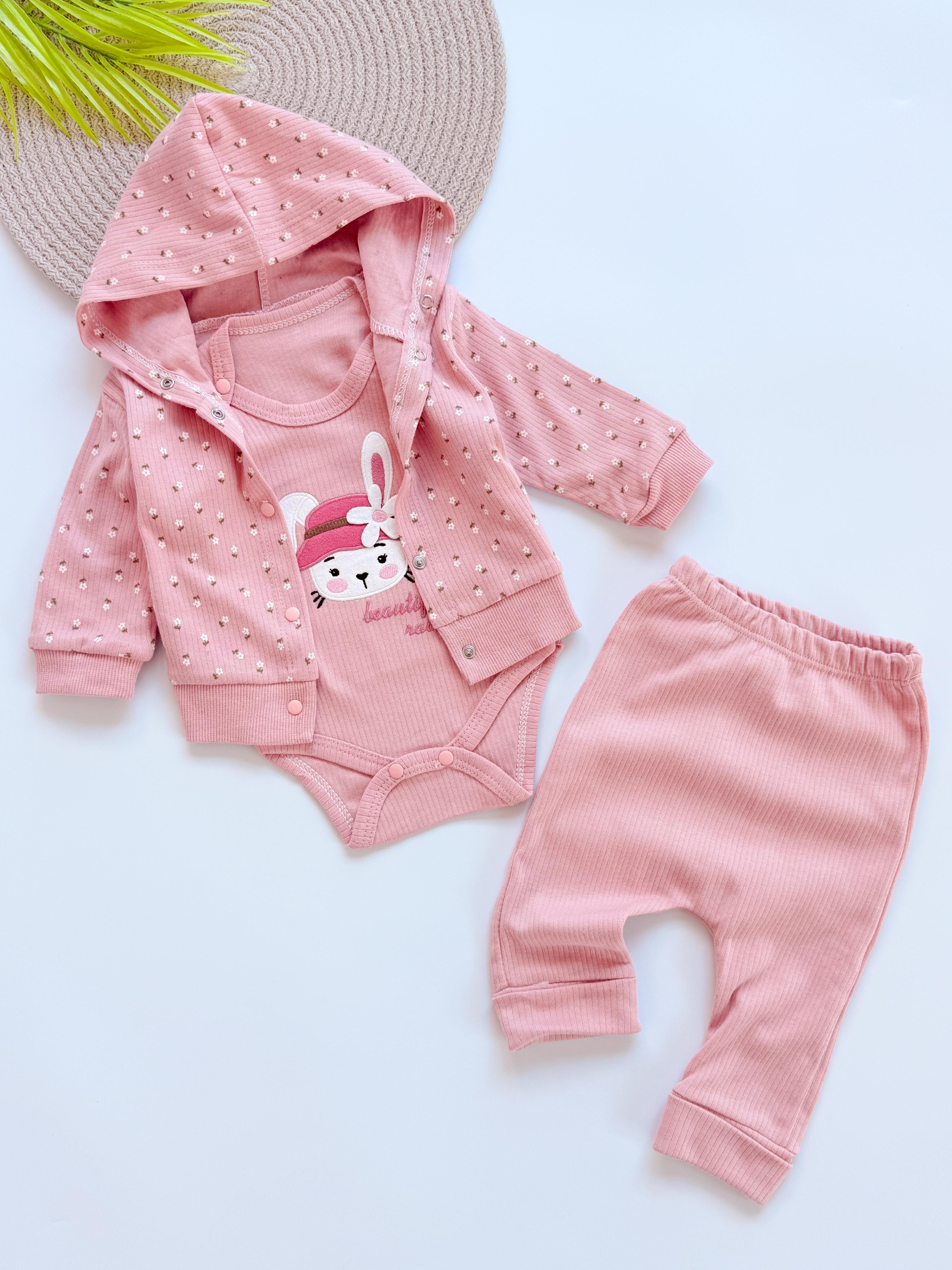 Lily Kapüşonlu 3 Parça Kız Bebek Takımı AÜ63