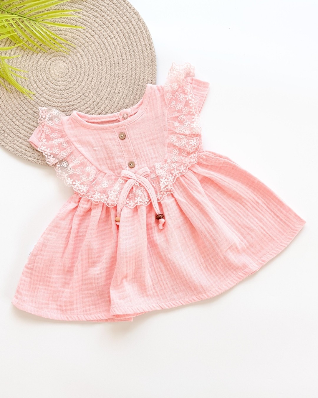 Luna Müslin Kısa Kollu Dantelli Kız Bebek Elbisesi ELB05 - Pembe