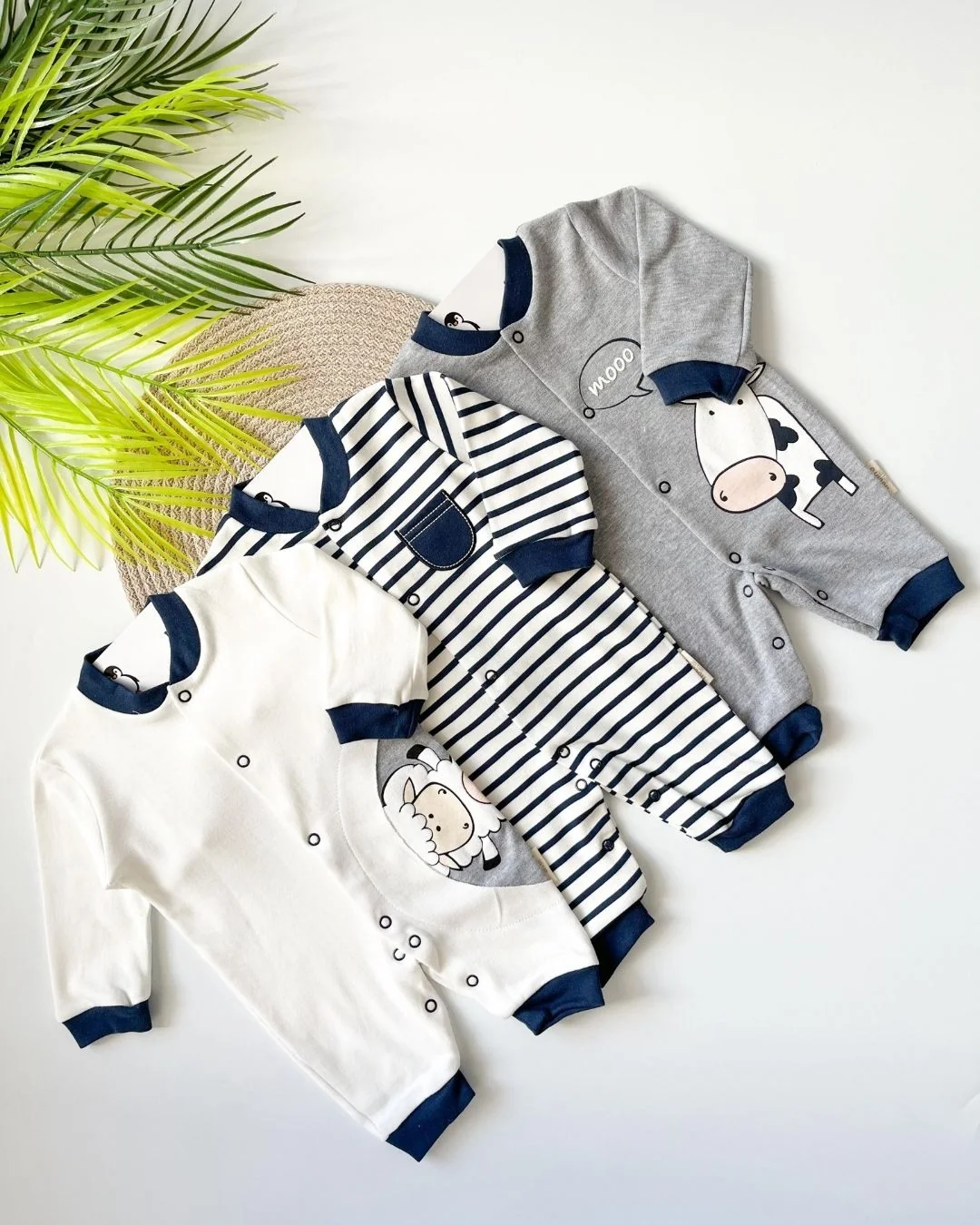 Sevimli İnek Desenli Çizgili 3 Parça Bebek Tulum Seti TLM108