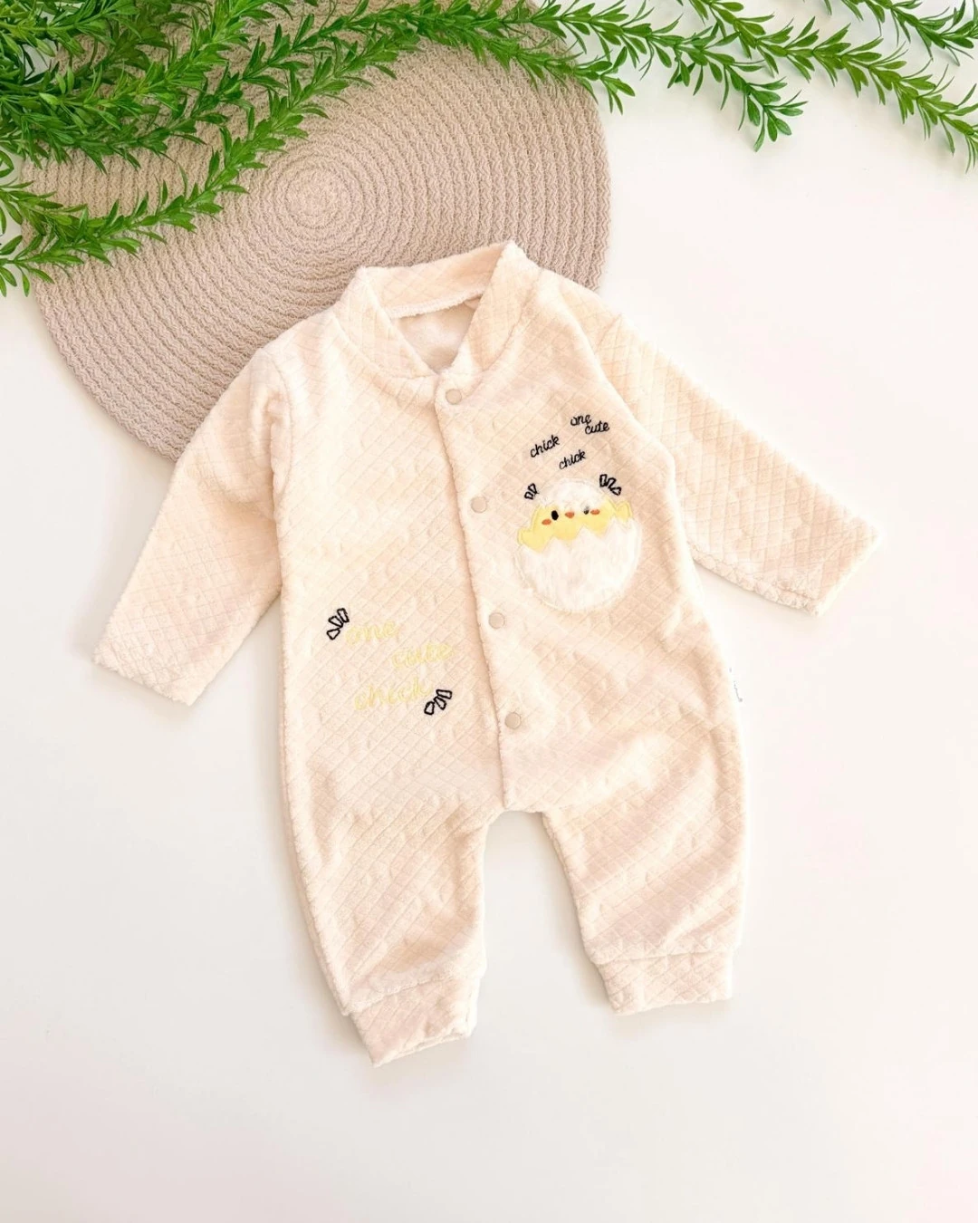 Civciv Desenli Kadife Bebek Tulumu TLM273 - Krem