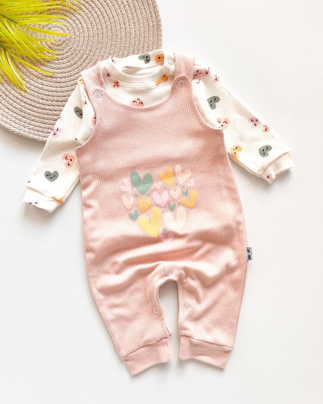 Kalp Baskılı 2 Parça Salopet Kız Bebek Tulumu TLM36