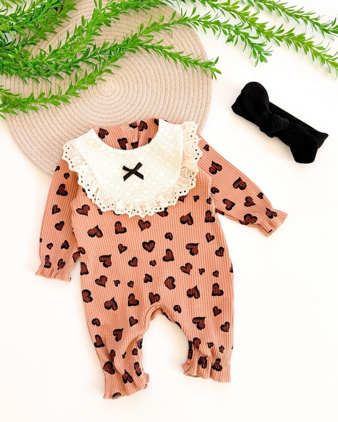 Lady Kalp Detaylı Kız Bebek Tulumu ve Bandana - Kahve