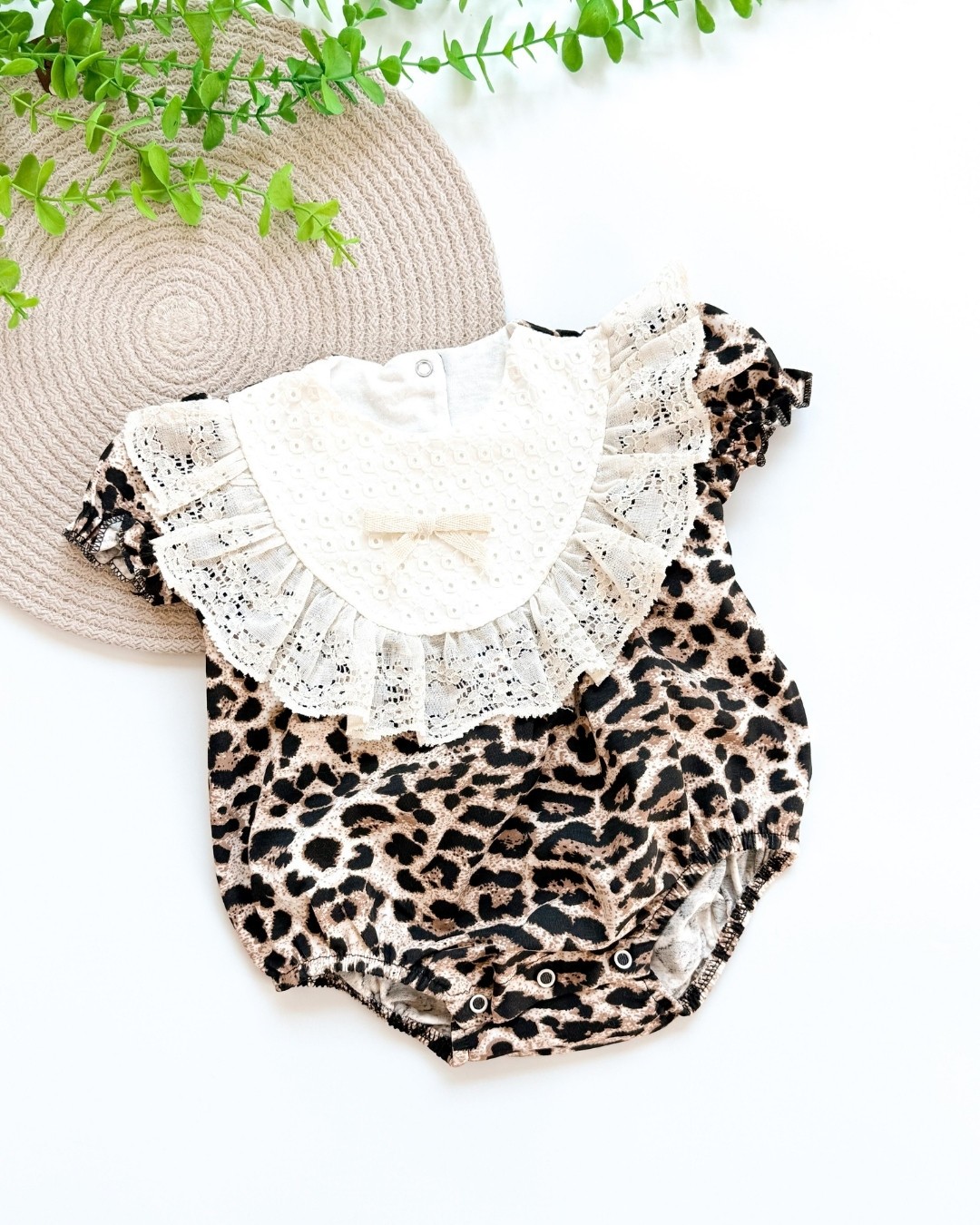 Leoparlı Dantel Yakalı Kız Bebek Romper TLM154