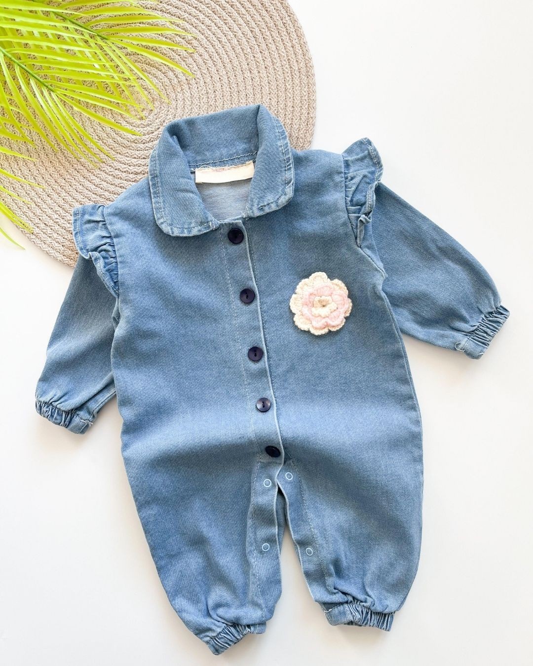 Gül Detaylı Kız Bebek Kot Tulum TLM39