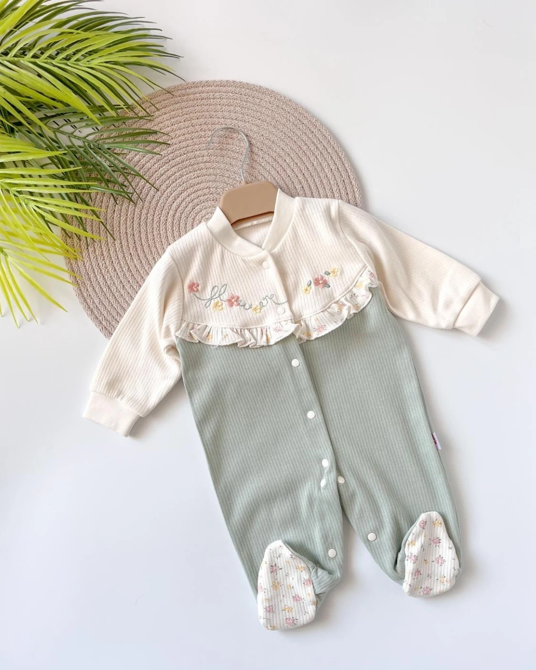 Flower Çiçek Desenli Bebek Tulumu - Yeşil