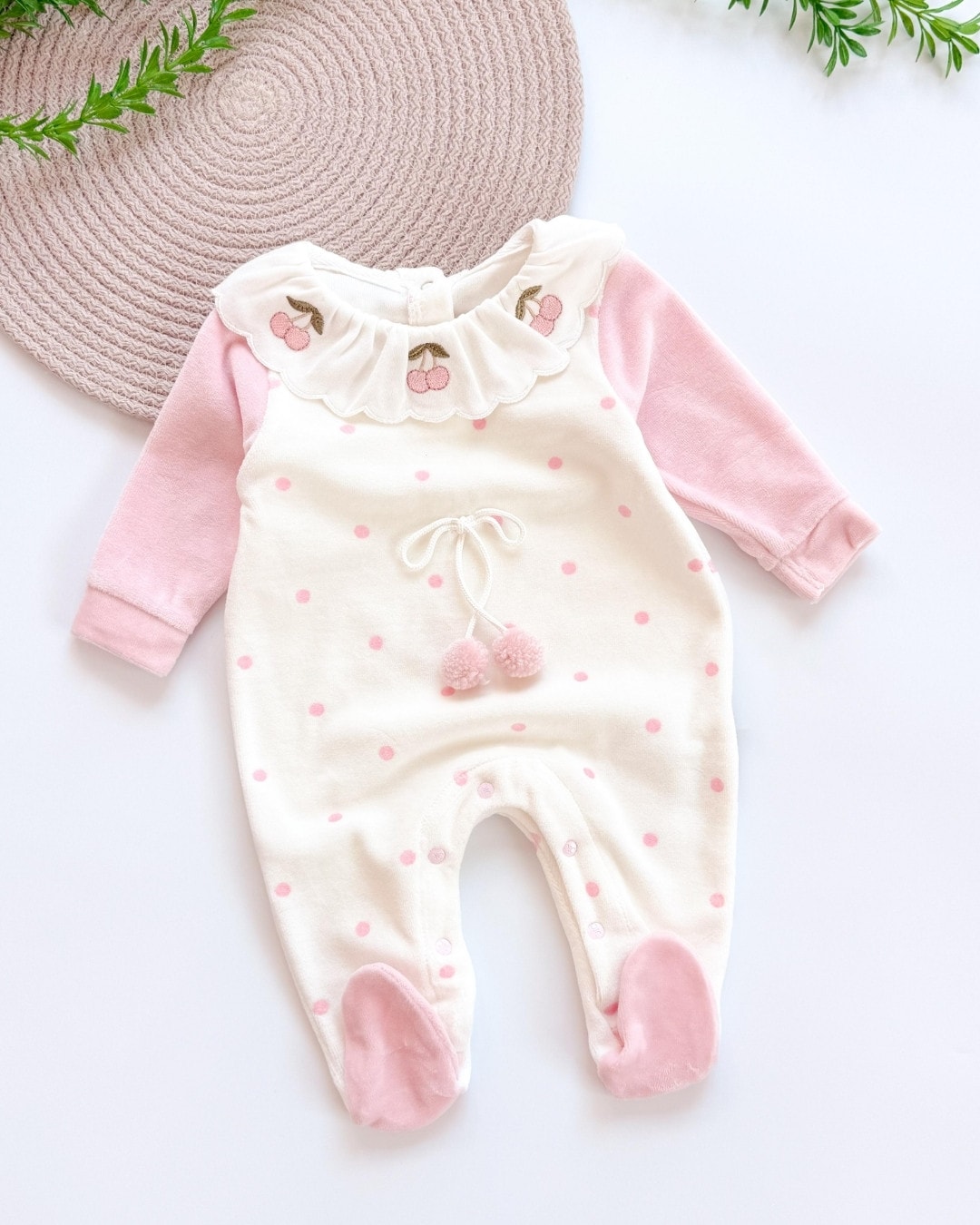 Kiraz Detaylı Kadife Kız Bebek Tulum TLM197 - Pembe