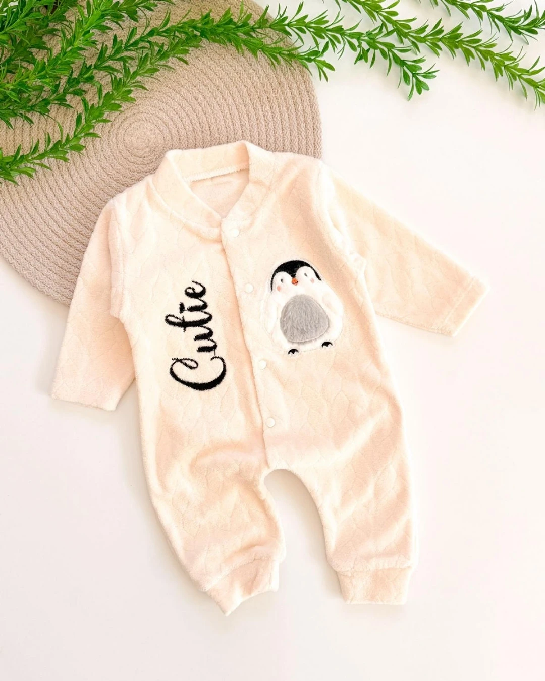 Penguen Cute Kadife Bebek Tulumu TLM274 - Krem