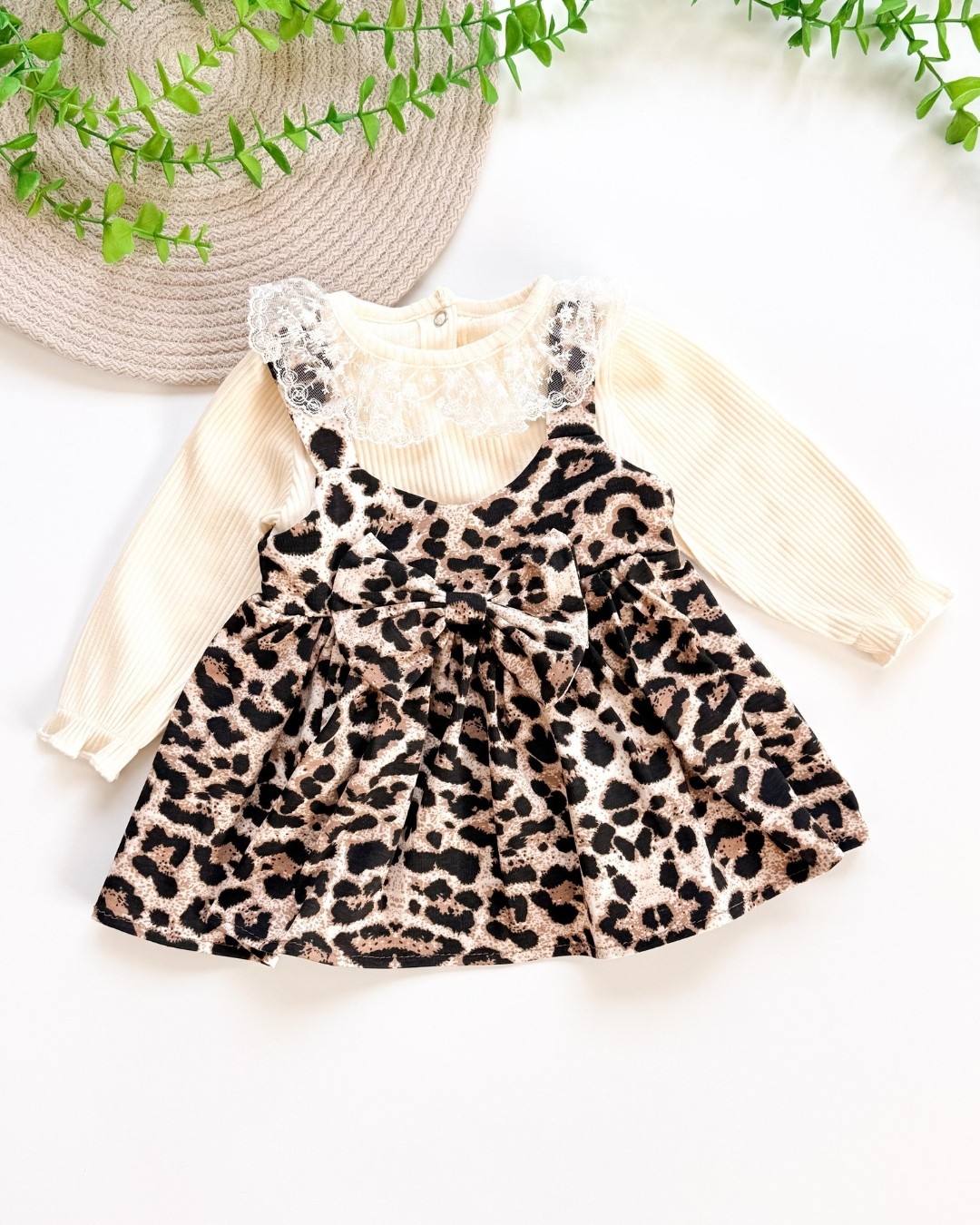 Leoparlı Dantel Yakalı Kız Bebek Elbisesi ELB15