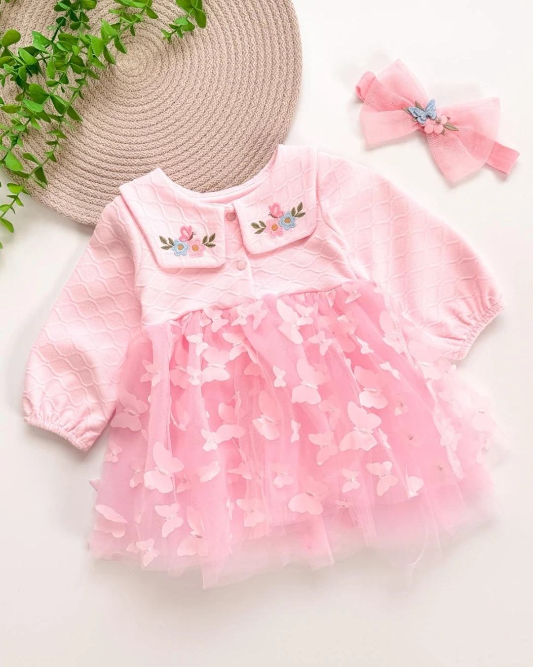 Kelebek Tüllü Bandanalı Elbise  - Pembe