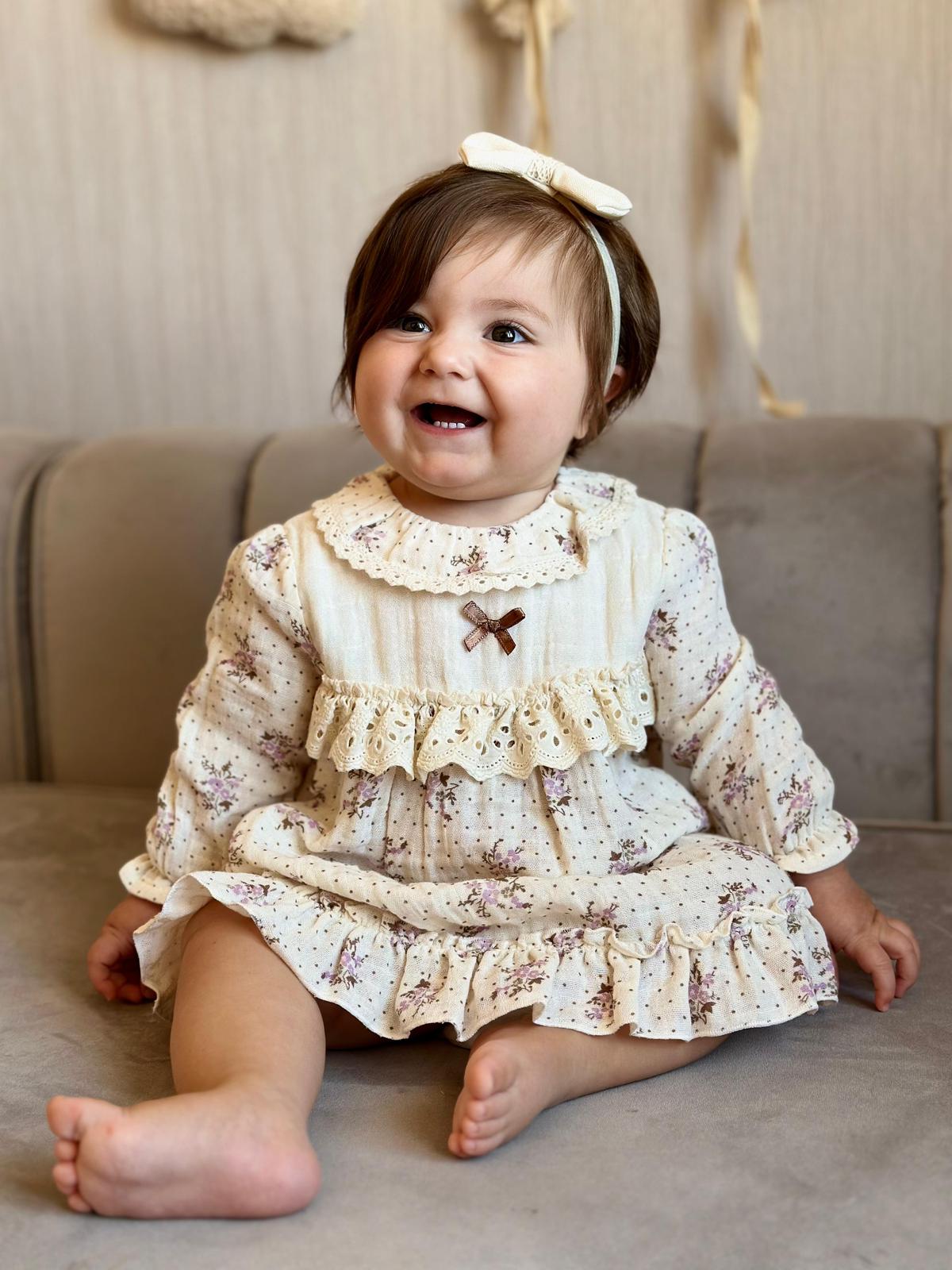 Mor Çiçekli Dantelli Kız Bebek Elbisesi ELB14