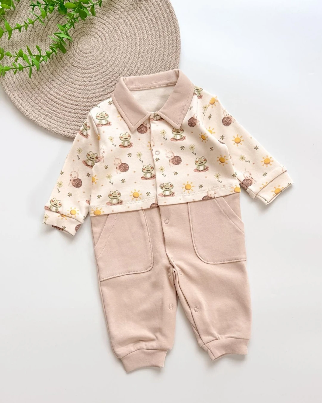 Sevimli Kurbağa Desenli Erkek Bebek Tulumu TLM269 - Bej