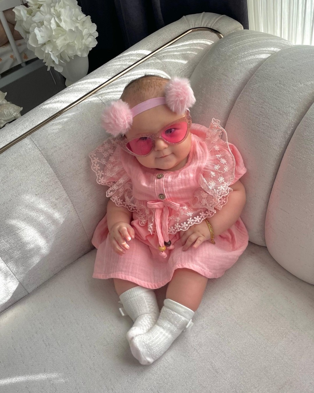 Luna Müslin Kısa Kollu Dantelli Kız Bebek Elbisesi ELB05