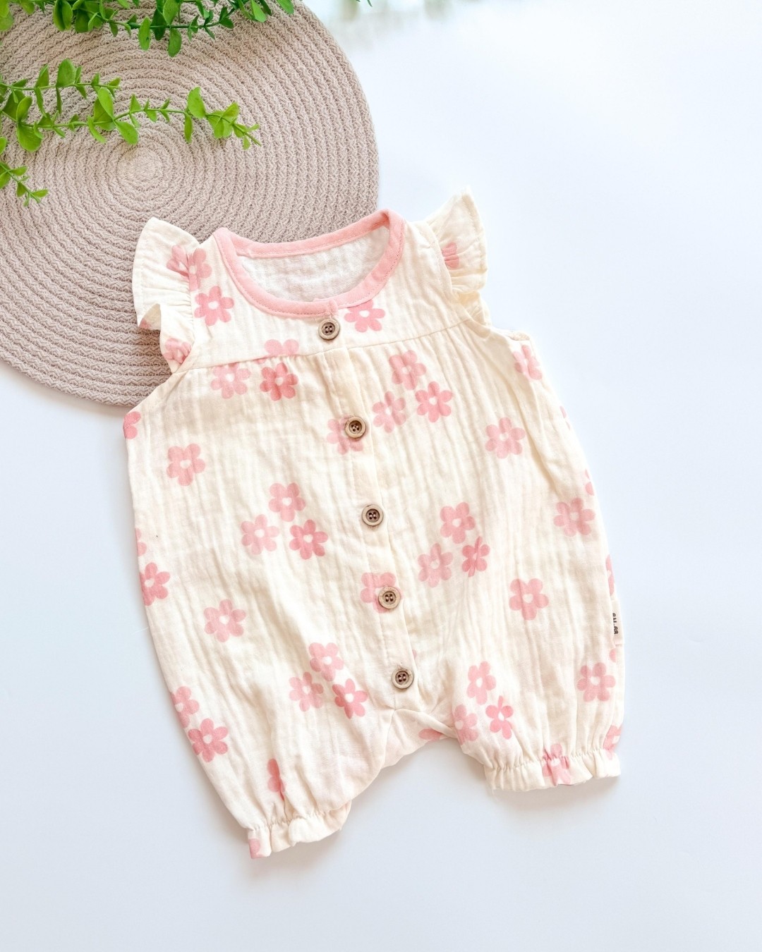 Çiçekli Müslin Kısa Kız Bebek Tulumu TLM150