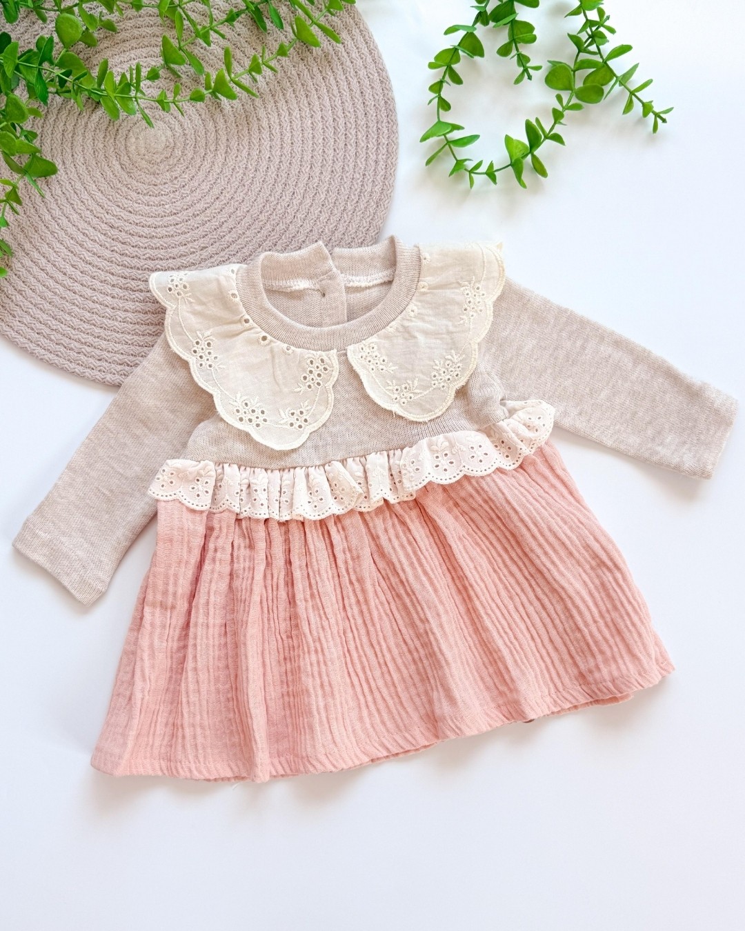 Rosy Glow Müslin Triko Kız Bebek Elbisesi ELB13 - Pembe