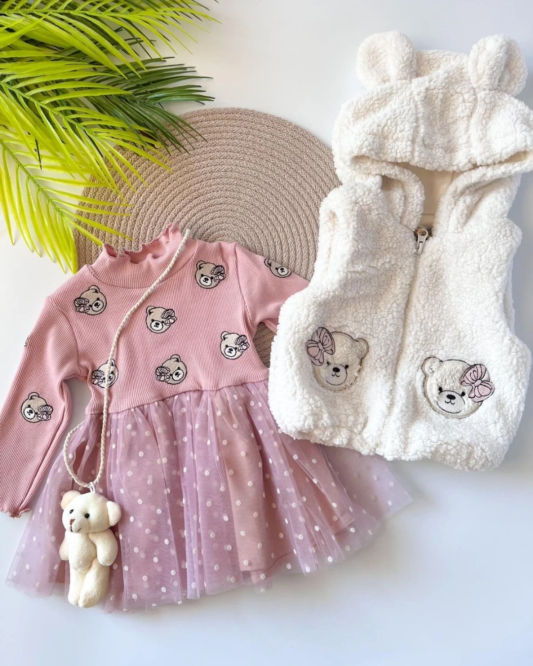 Ayıcık Desenli Yelekli Çantalı Elbise Takım ELB22