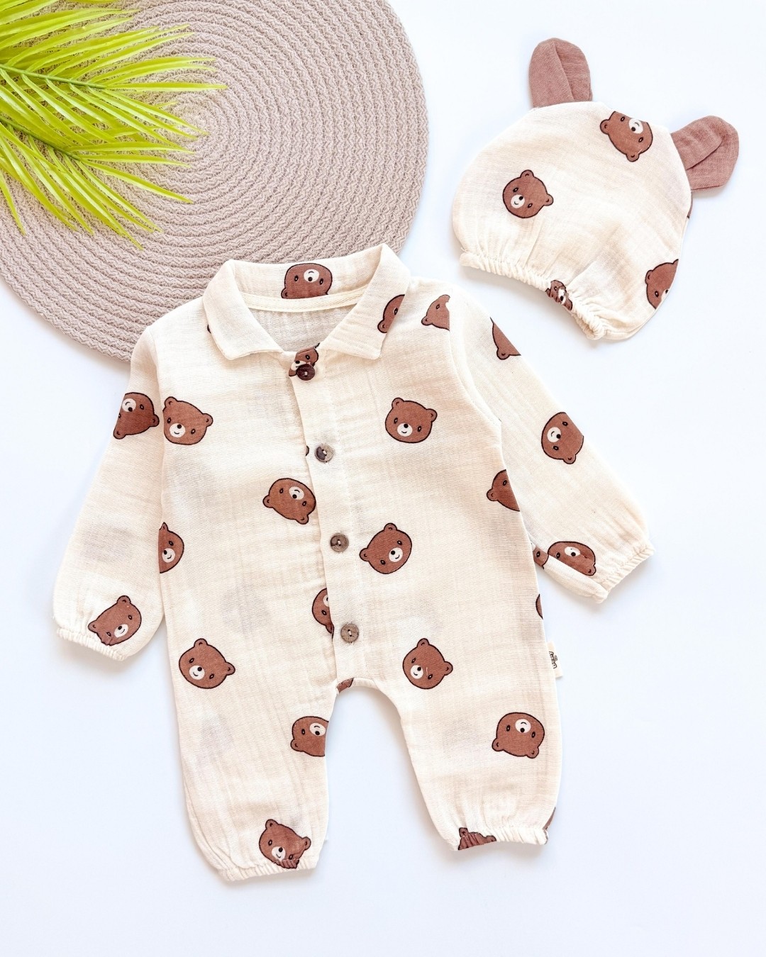 Ayıcık Baskılı Şapkalı Müslin Bebek Tulumu TLM 117