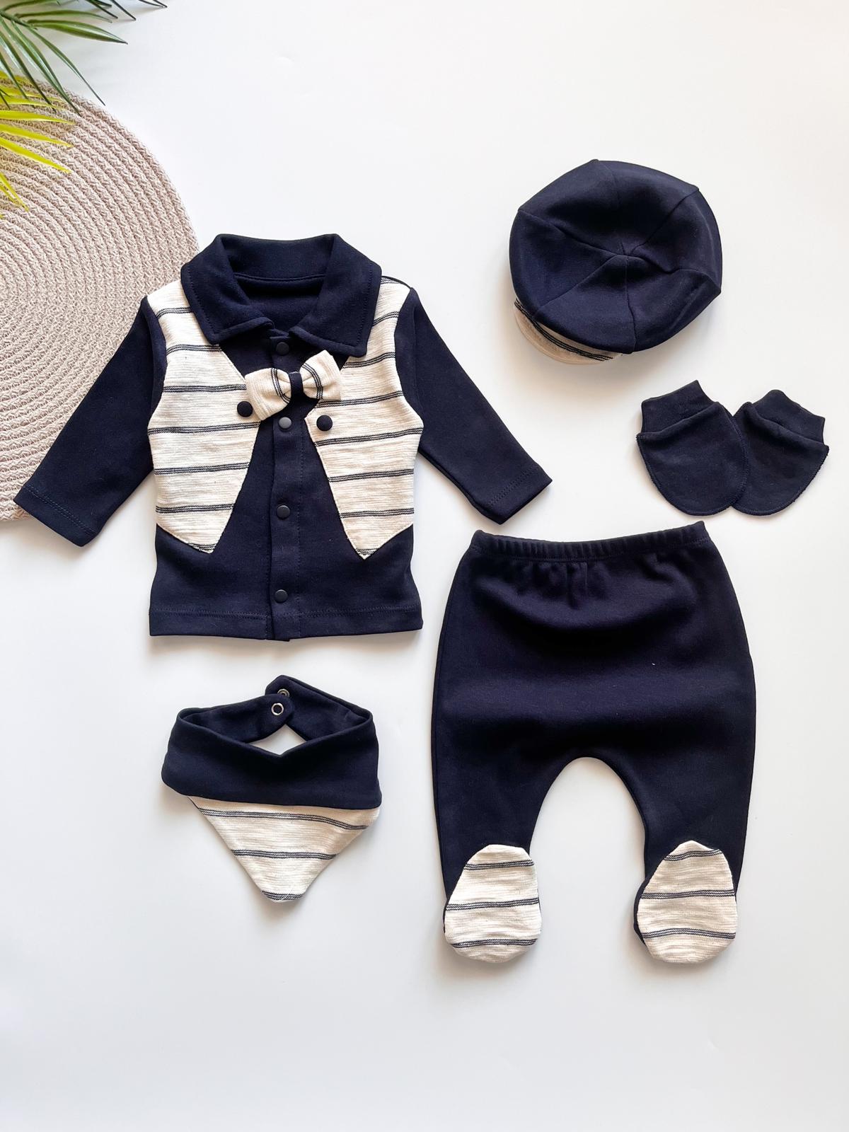 Smokin Yelek Görünümlü Erkek Bebek 5 Parça Hastane Çıkış Seti HS13