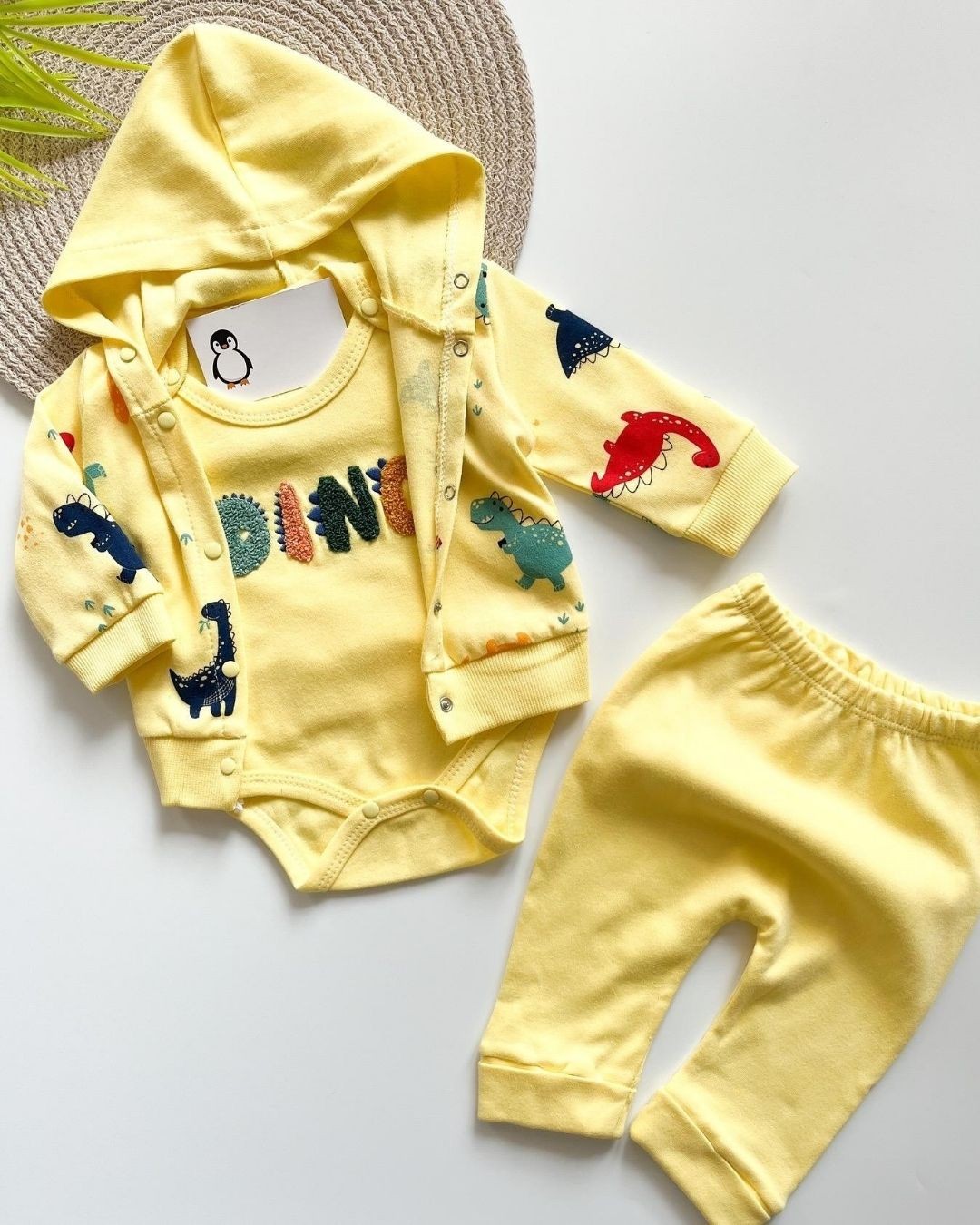 Dino Desenli Kapşonlu 3 Parça Erkek Bebek Takımı AÜ34