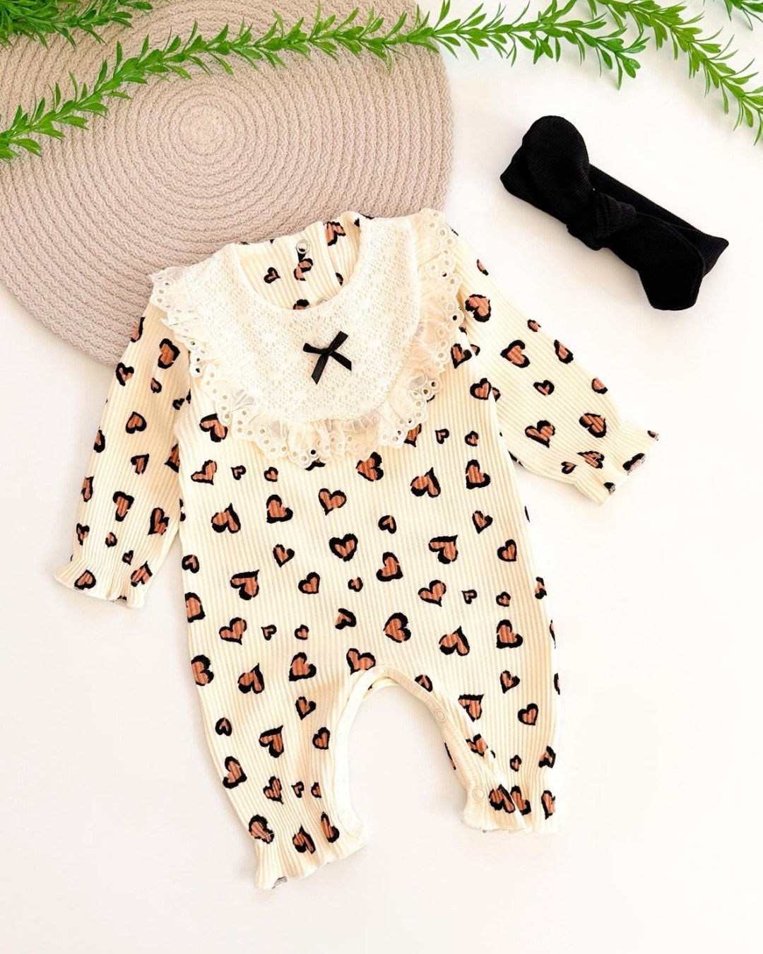 Lady Kalp Detaylı Kız Bebek Tulumu ve Bandana - Krem