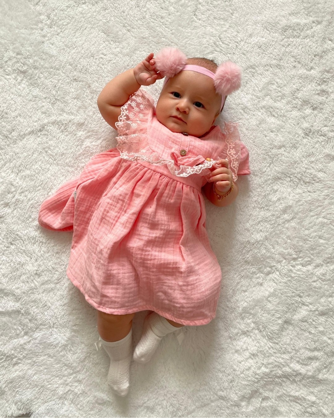 Luna Müslin Kısa Kollu Dantelli Kız Bebek Elbisesi ELB05 - Pembe