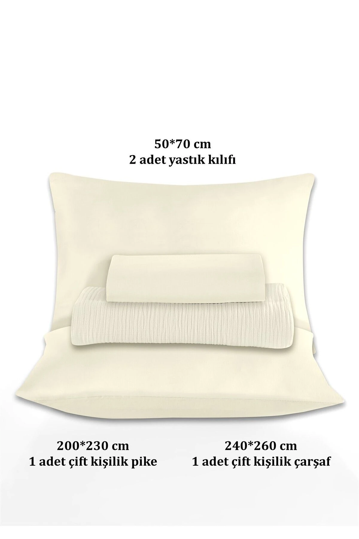 % 100 Doğal Pamuk 4 Kat Müslin Lüks Çift Kişilik Pike Takımı  200x230cm - Ekru