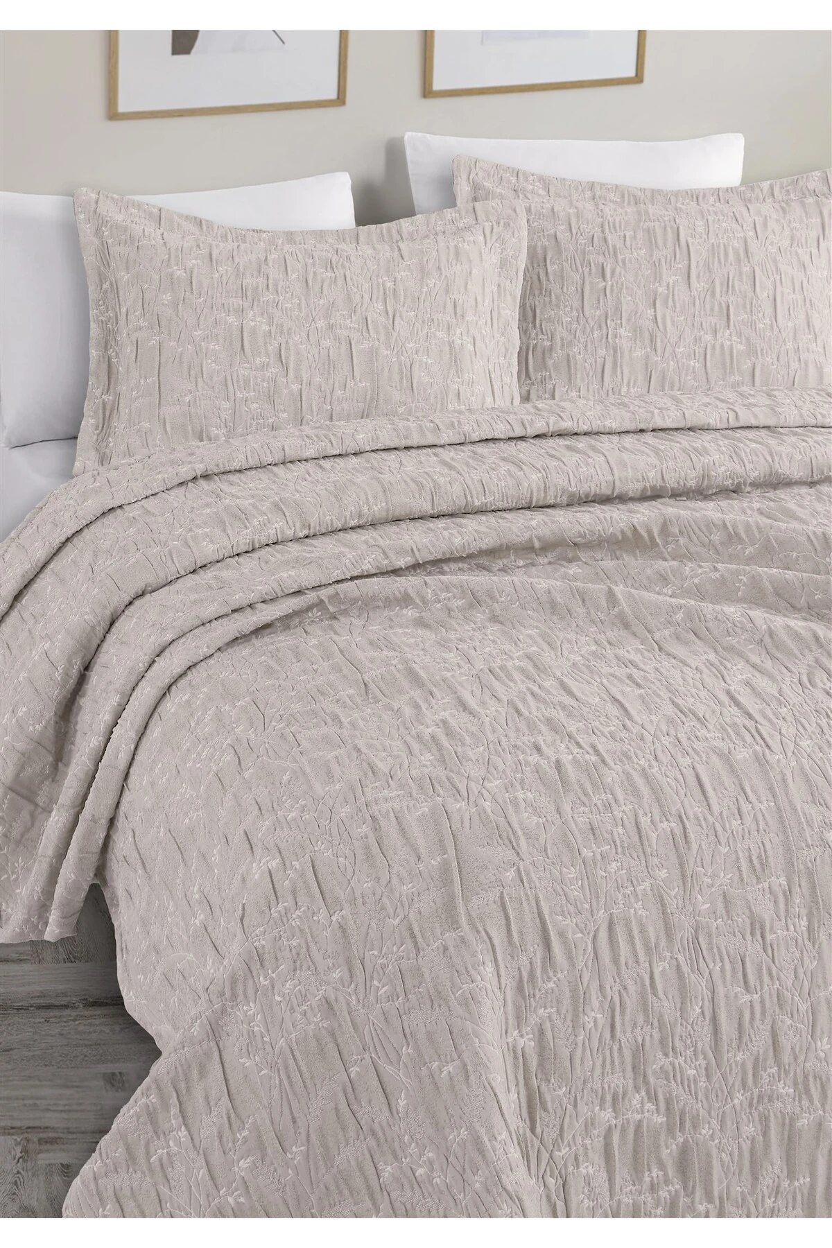 Dolgulu Jakarlı Yatak Örtüsü Seti Çift Kişilik Bej 230x240 cm - athel bej