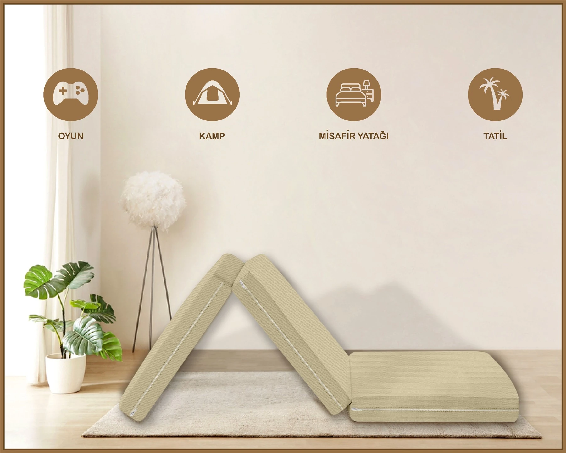 Canvas  Fermuarlı Katlanabilir Yer Yatağı Yer Minderi 60x180x6cm - Açik bej