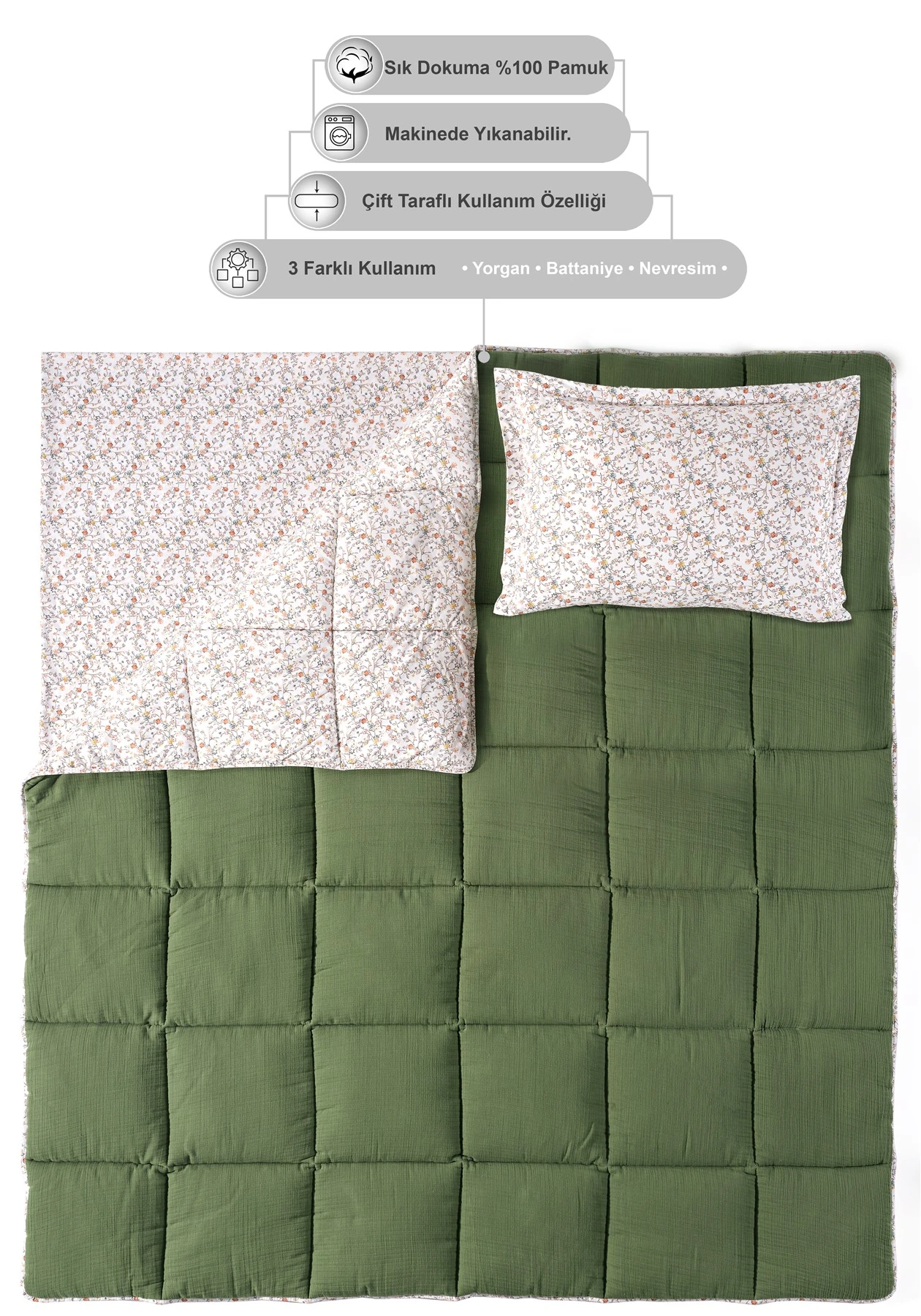 Andy Timeless %100 Pamuk 4 Kat Müslin Comfort Uyku Seti Tek Kişilik 155x215 cm - Yeşil