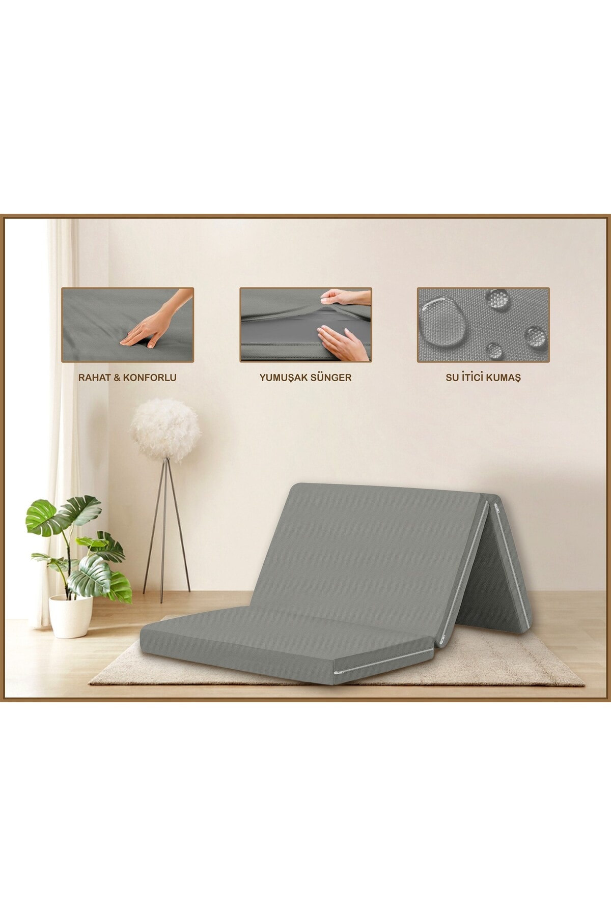 Canvas Açık Bej Fermuarlı Katlanabilir Yer Yatağı Yer Minderi 6cm