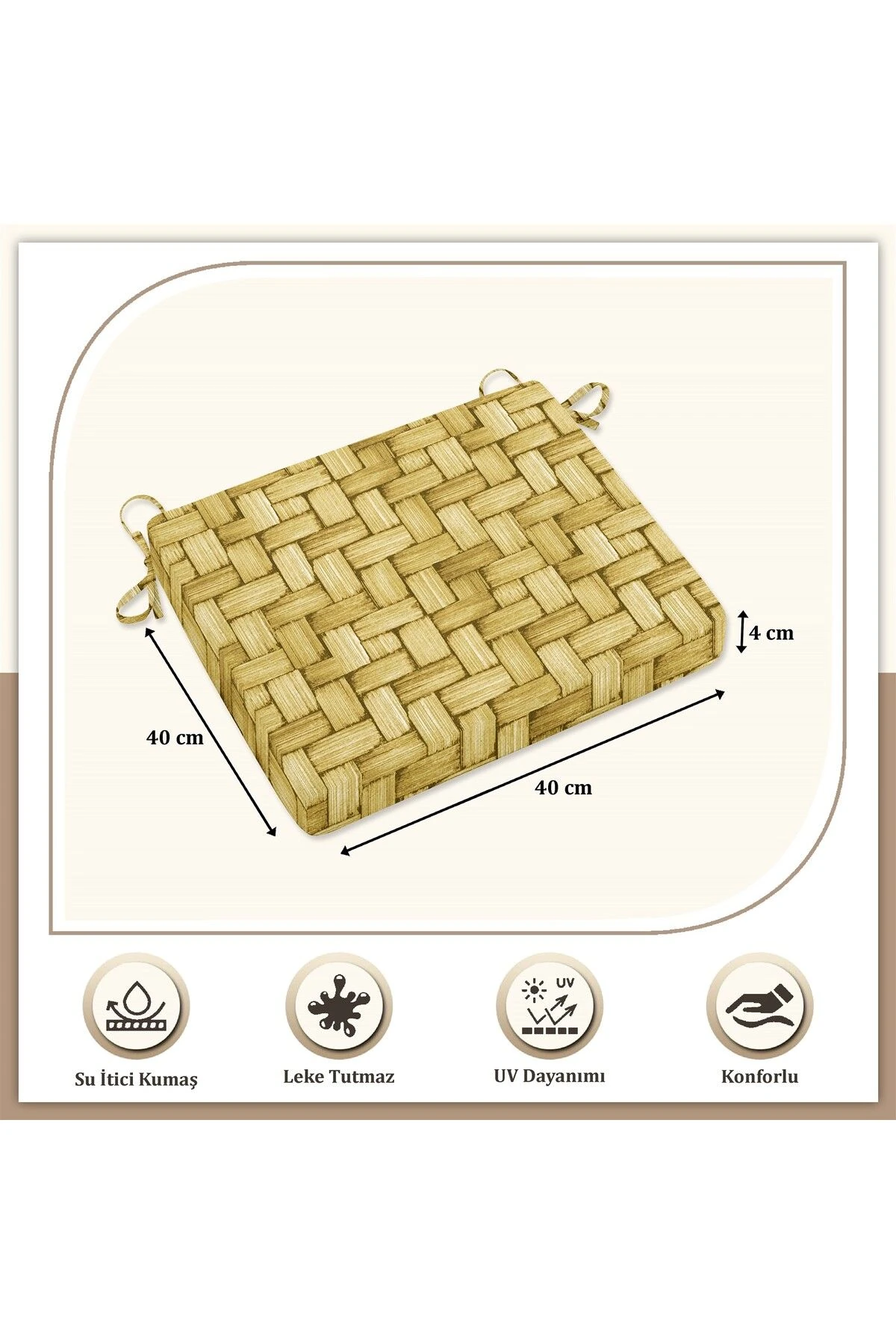 Canvas 2'li Wicker Sıvı Geçirmez Leke Tutmaz Fermuarlı Bağcıklı Sandalye Minderi 40 X 40 Cm